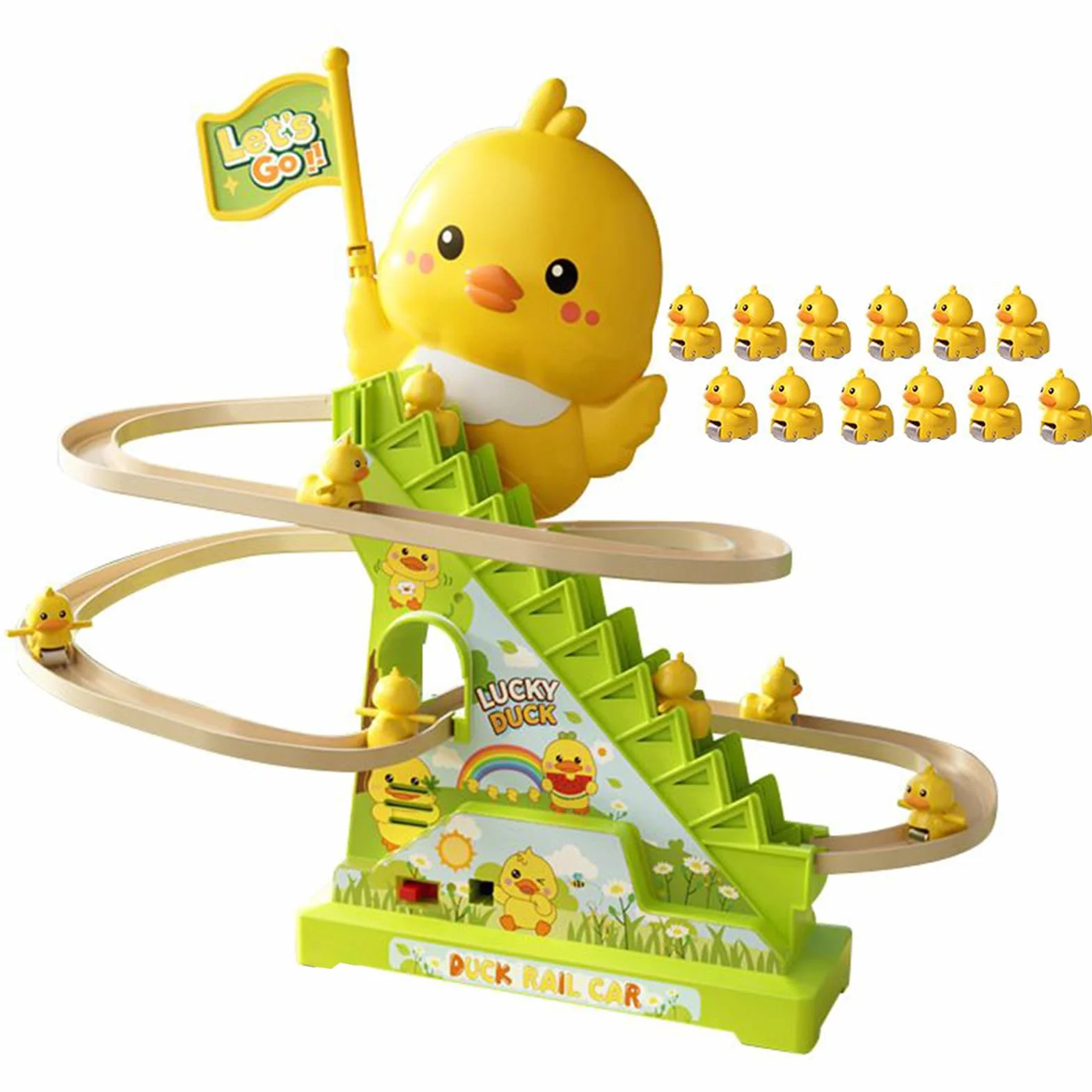 Duck Climbing Stairs Toy - Musical Rolling Game for Kids Entertainment | ABS Track Set with Moving Stair Conveyor, Light Up Duck Figures, Interactive Activity Toy for Playroom Fun