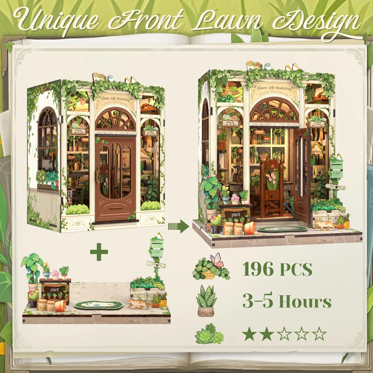 CUTEBEE Book Nook Kit-DIY Domek dla Lalek,Miniaturowy Dom z Zielonymi Roślinami i Oświetleniem LED,Deko na Półkę na Książki,Wyjątkowy Prezent (Green Life Bookshop)