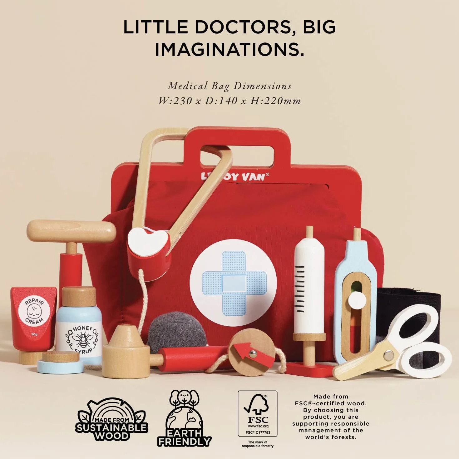Le Toy Van - Kids Wooden Educational Pretend Play Honeybake Doctor's Medical Play Set Kit, Kids Pretend Play Role Play For Boys And Girls - 3 Year Old +