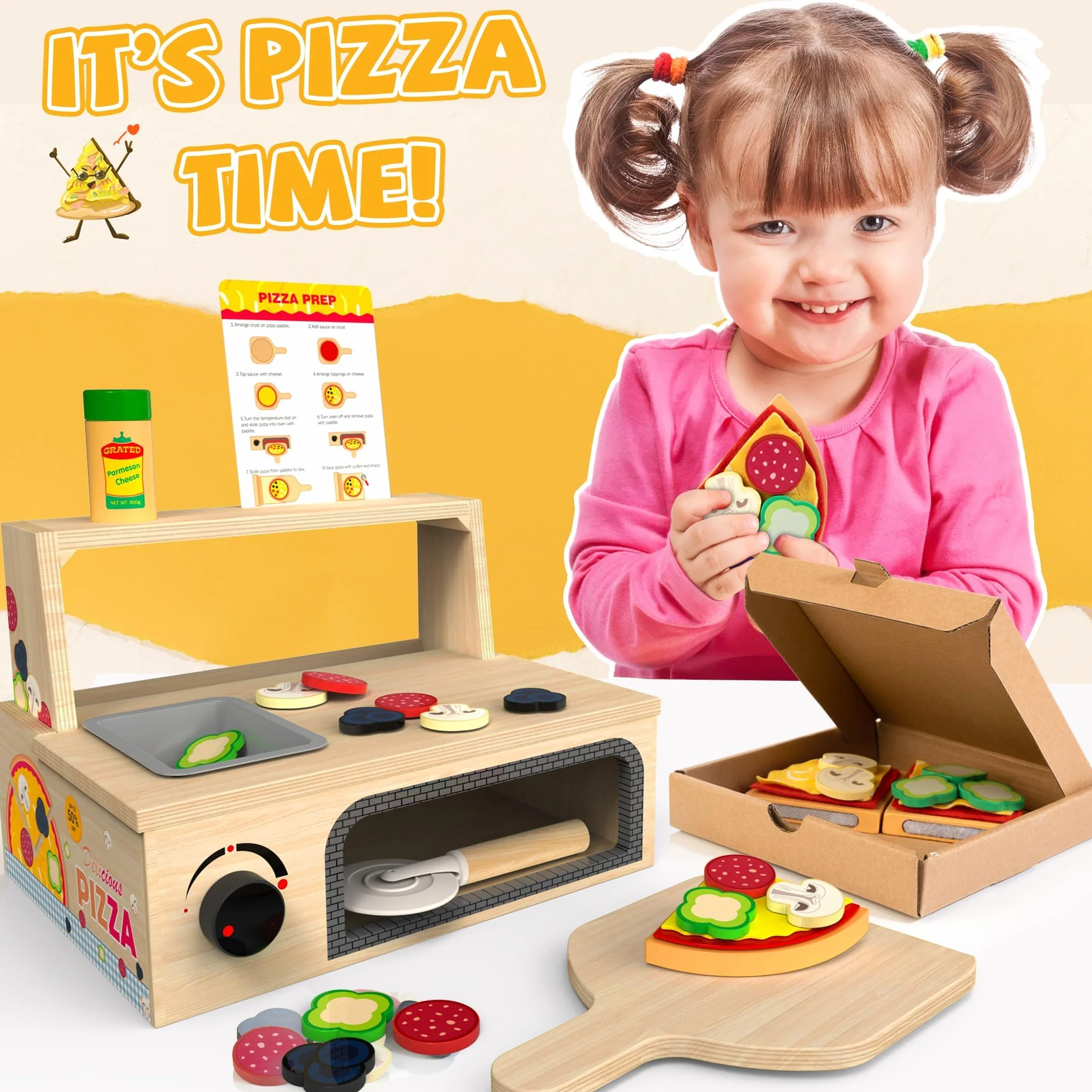 Drewniana zabawka do pizzy 48 szt. Montessori sprawia, że wyglądasz jak granie w jedzenie dla dzieci od 3 lat i edukacyjna zabawka edukacyjna z piekarnikiem do pieczenia prezent urodzinowy na Boże