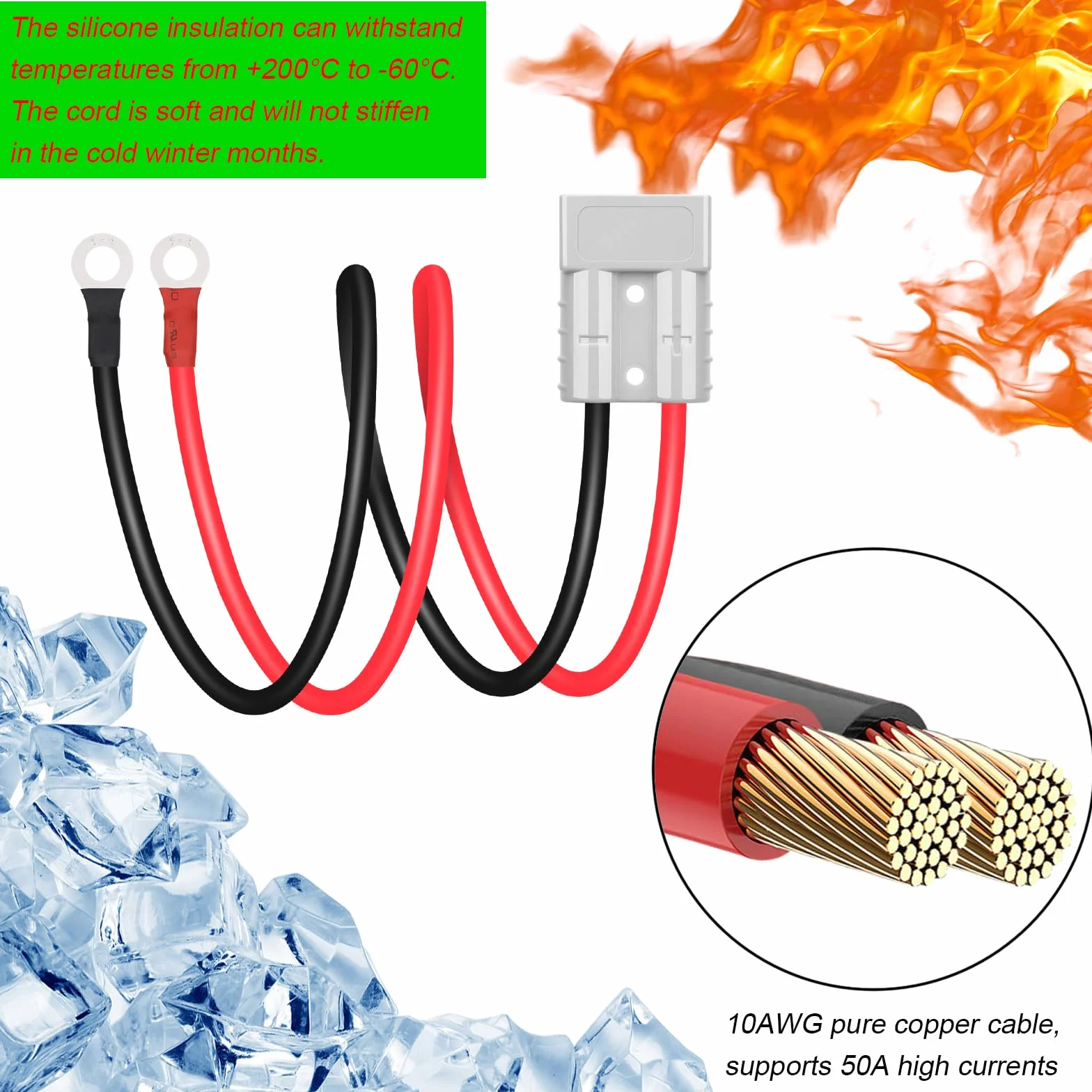 Przyłącze akumulatora 50 A, 600 V, wtyczka z kablem do O-ring, 10 AWG, 50 cm, wtyczka do wózka widłowego i wciągarki przyczepy