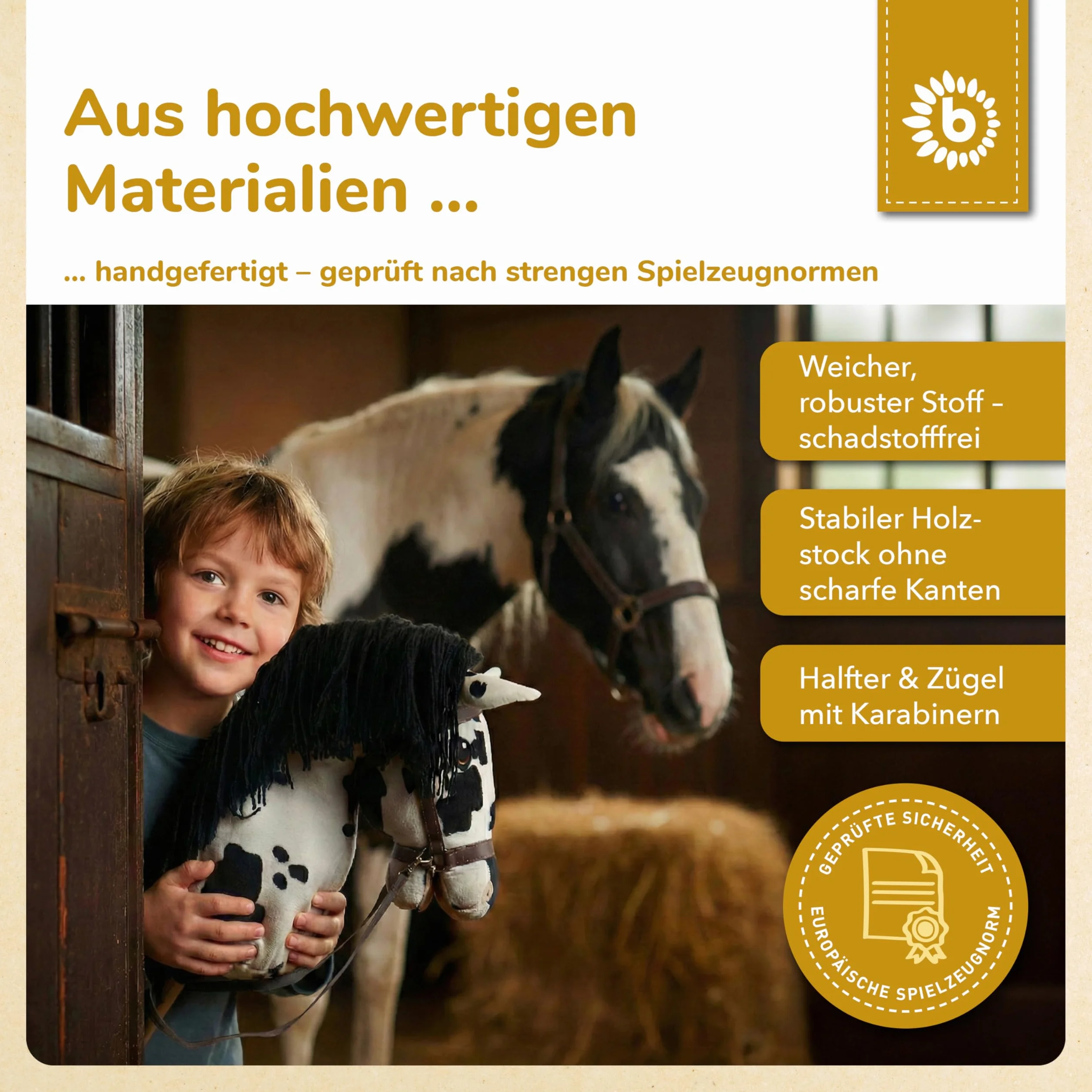 Bieco Hobby Horse konik na kijku, rozmiar M, z wyciągami, zdejmowany kij i ogon, do jazdy konnej, ujeżdżania i gier, hobby