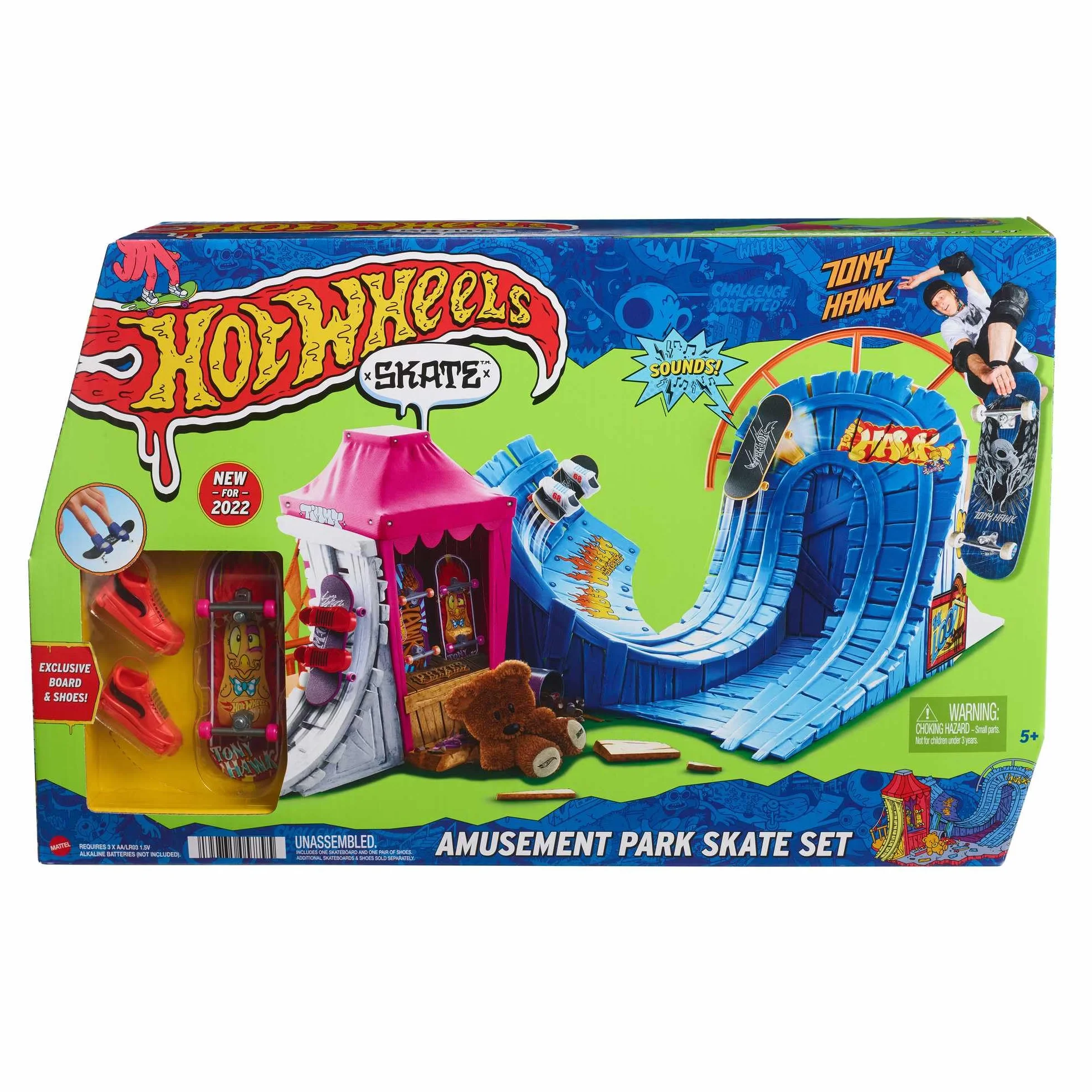 Hot Wheels Skate Skatepark Wesołe miasteczko Zestaw z 1 wyjątkową deskorolką od Tony’ego Hawka do jazdy palcami i 1 parą butów deskorolkowych, zabawka dla dzieci, HGT95