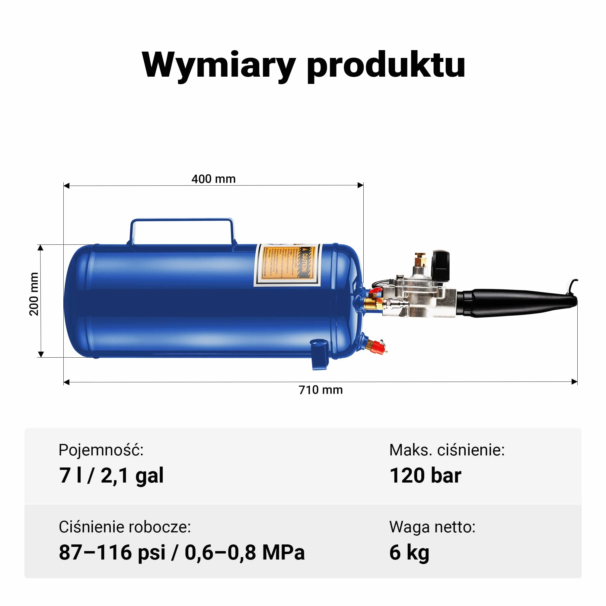 Wiltec Inflator do opon 6-8 bar, ze zbiornikiem 7 l, niebieski, pistolet do pompowania powietrzem sprężonym, przenośny