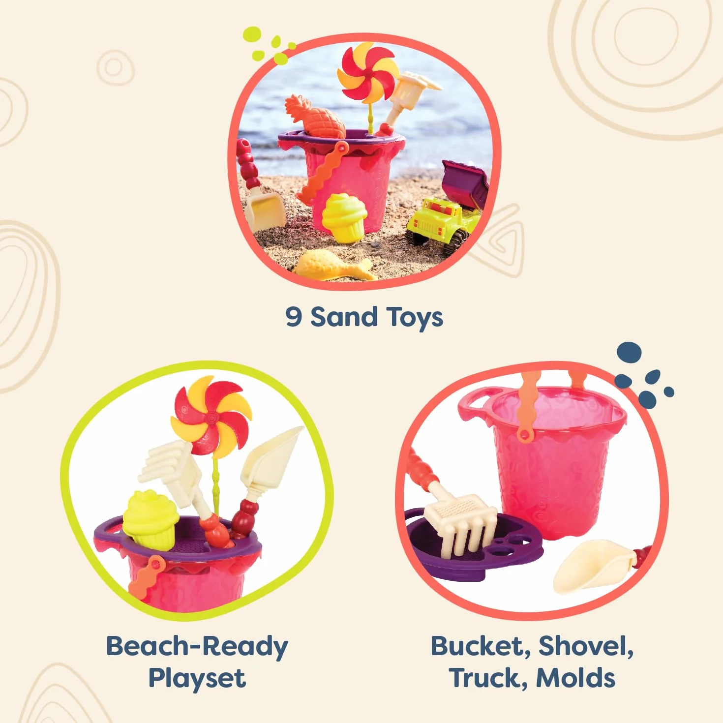 B. toys – Sands Ahoy – zestaw do zabawy plażowej – średni zestaw wiader (mango) z 9 unikalnymi zabawkami piaskowo-wodnymi – ftalanów i BPA – 18 m+
