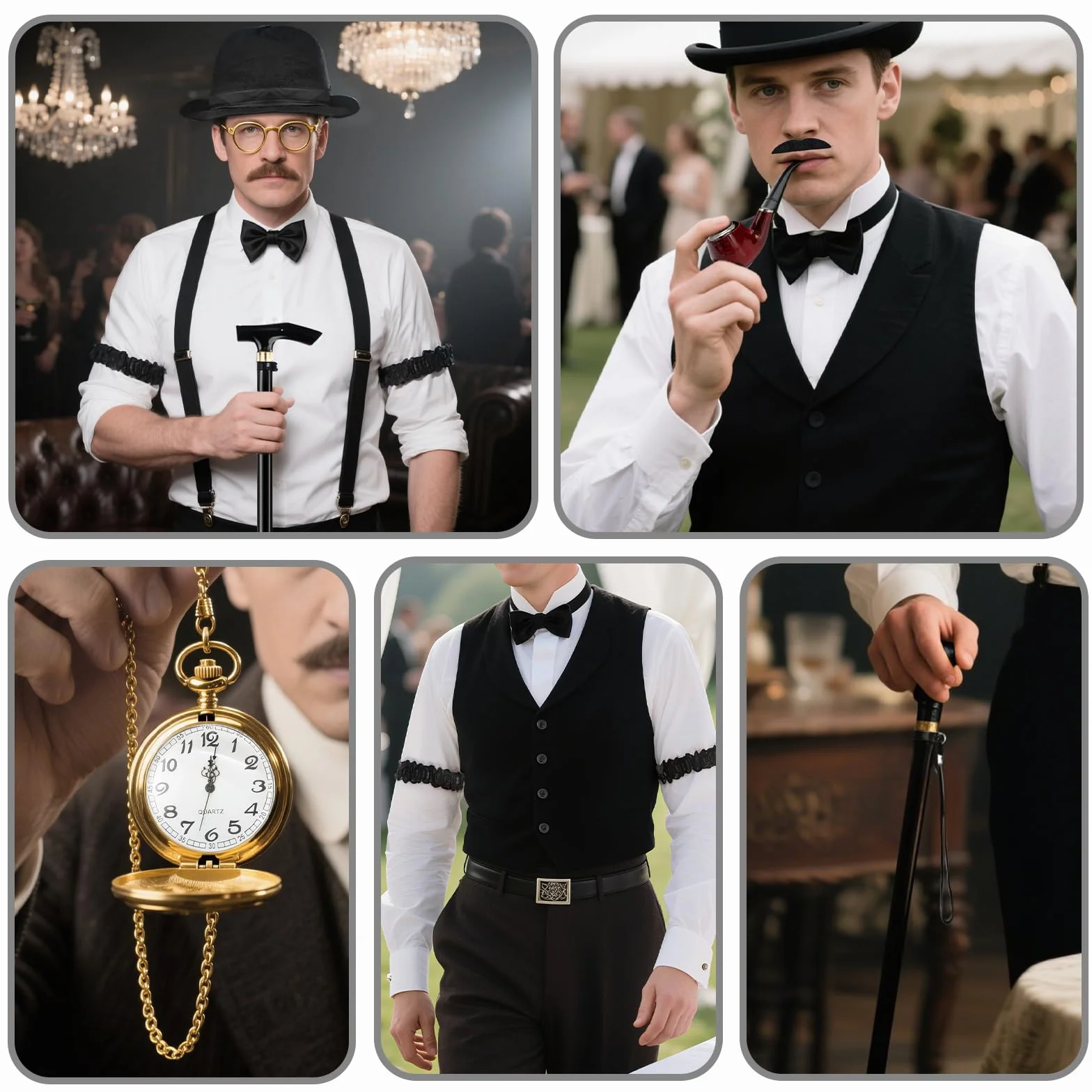 Akcesoria męskie w stylu lat 20., Gatsby, gangster, kostium mafii, kostium karnawałowy dla mężczyzn, akcesoria z kamizelką, beretem, krawatem, muchą, brodą, opaską