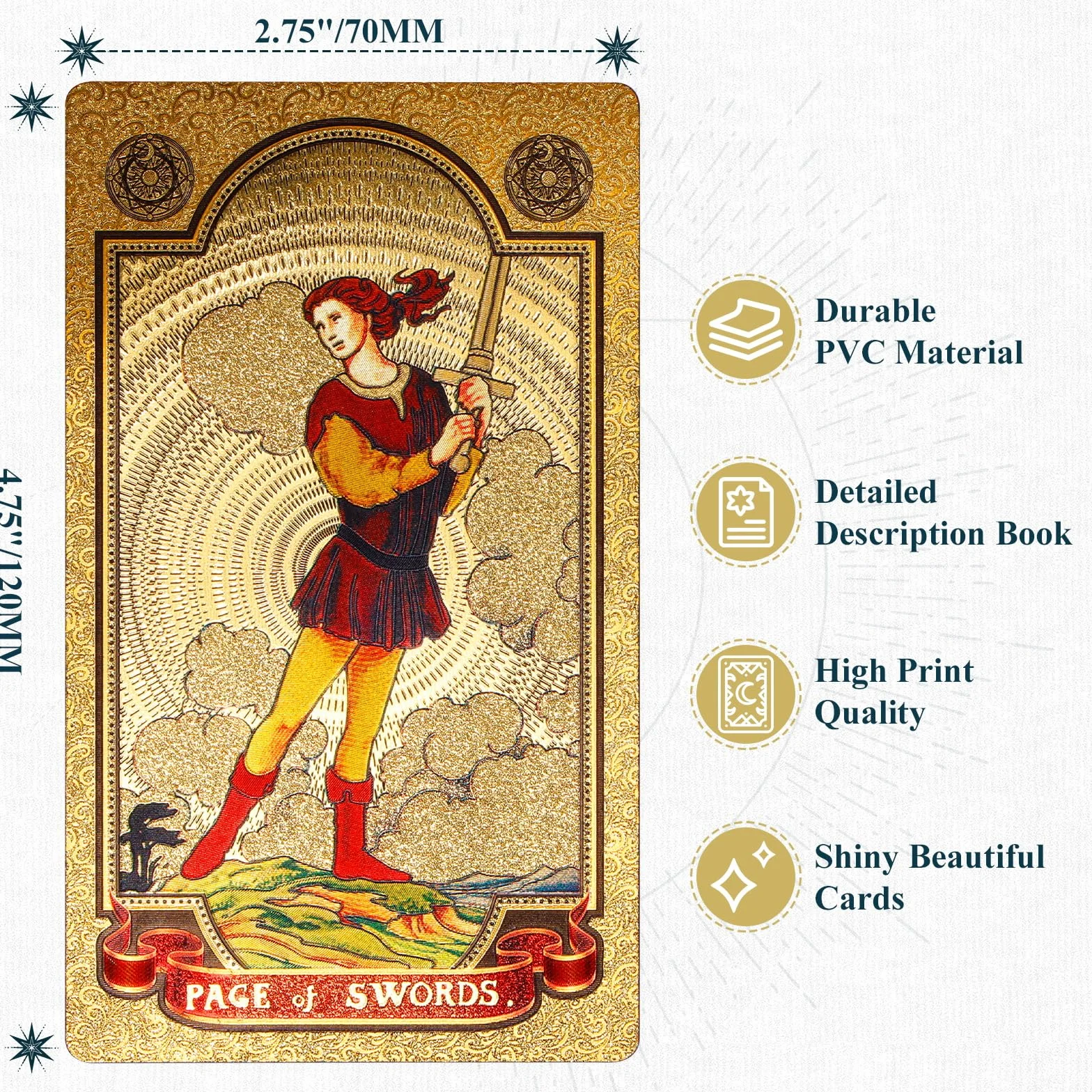 KIINO 78 kart tarota ze złotą folią, z przewodnikiem, talia tarota, dla początkujących i profesjonalnych graczy, z pudełkiem na tarot, PCW, trwałe, wodoodporne, odporne na zagniecenia