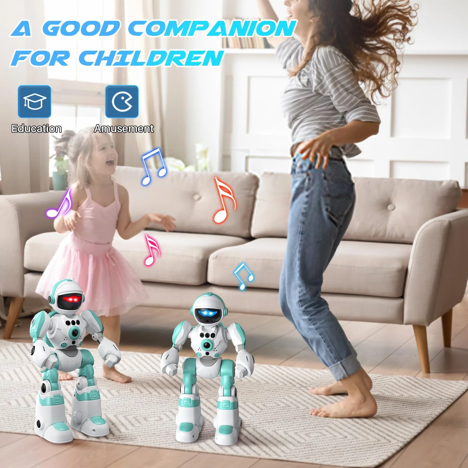 SIMREX Robot dla dzieci, ładowalny i projekcyjny, Robot RC z oczami LED i muzyką, zabawka RC z czujnikiem gestu dla 3 4 5 6 7 8 lat prezent dla chłopców i dziewcząt, jasnoniebieski