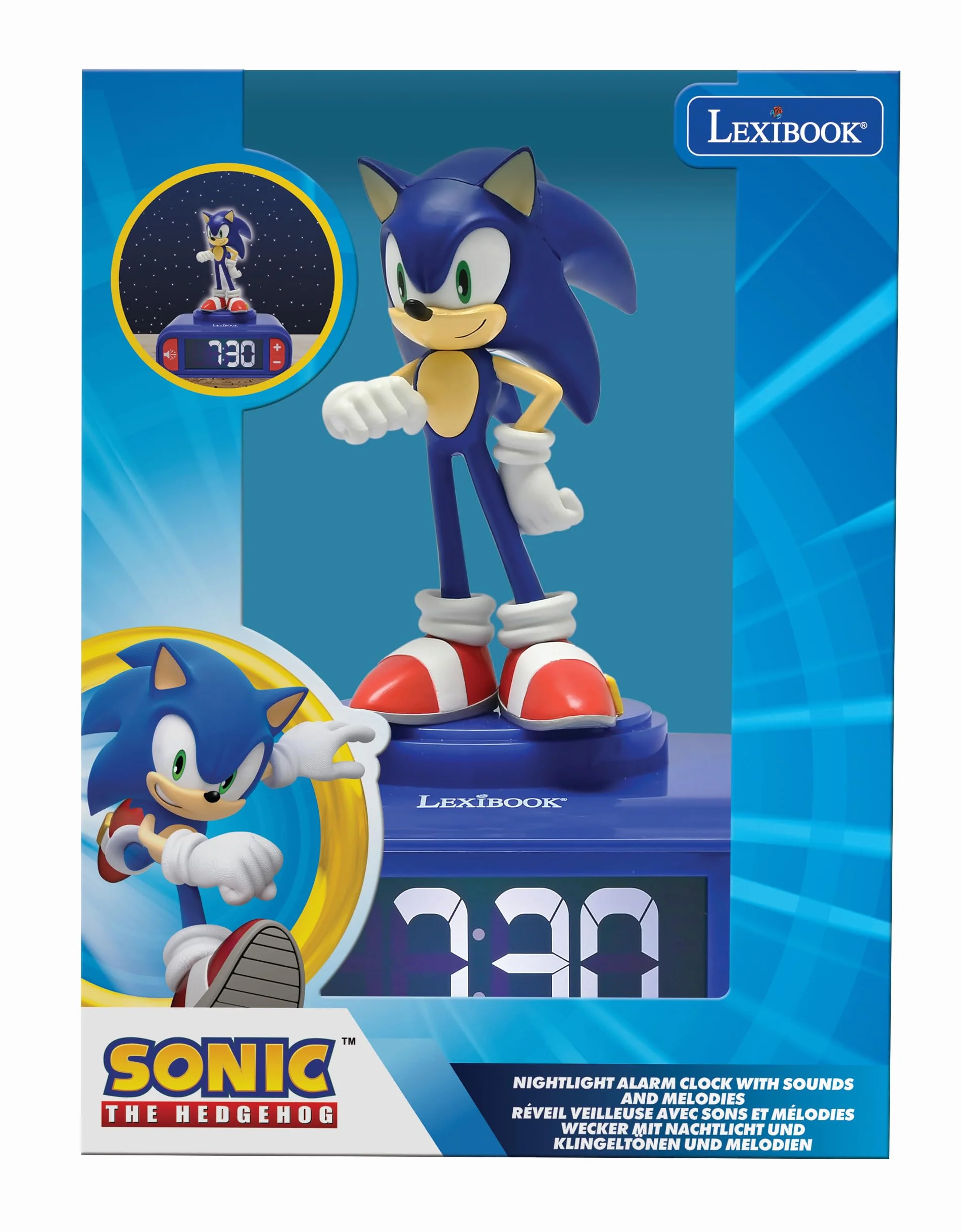 Lexibook, Sonic The Hedgehog, Budzik z Lampką Nocną Sonic, Dźwięki i Melodie, Podświetlany Ekran LCD, LuminoUS, Drzemka, Niebieski, RL800SN