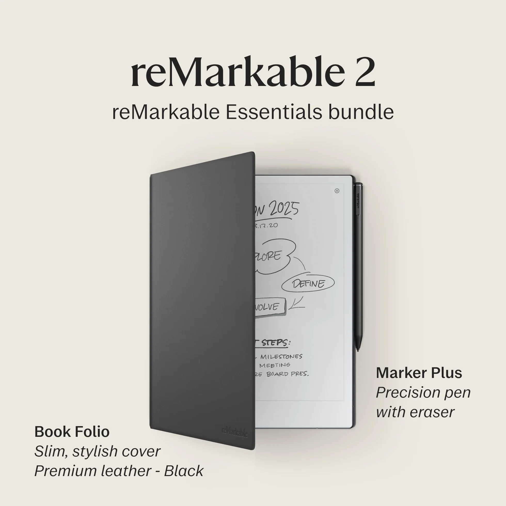 reMarkable Zestaw Luxury reMarkable 2 | Tablet E-Ink - Wyświetlacz 10,3" Czarno-Biały + Rysik Marker Plus ze Zintegrowaną Gumką + Etui Book Folio Skórzane Czarne