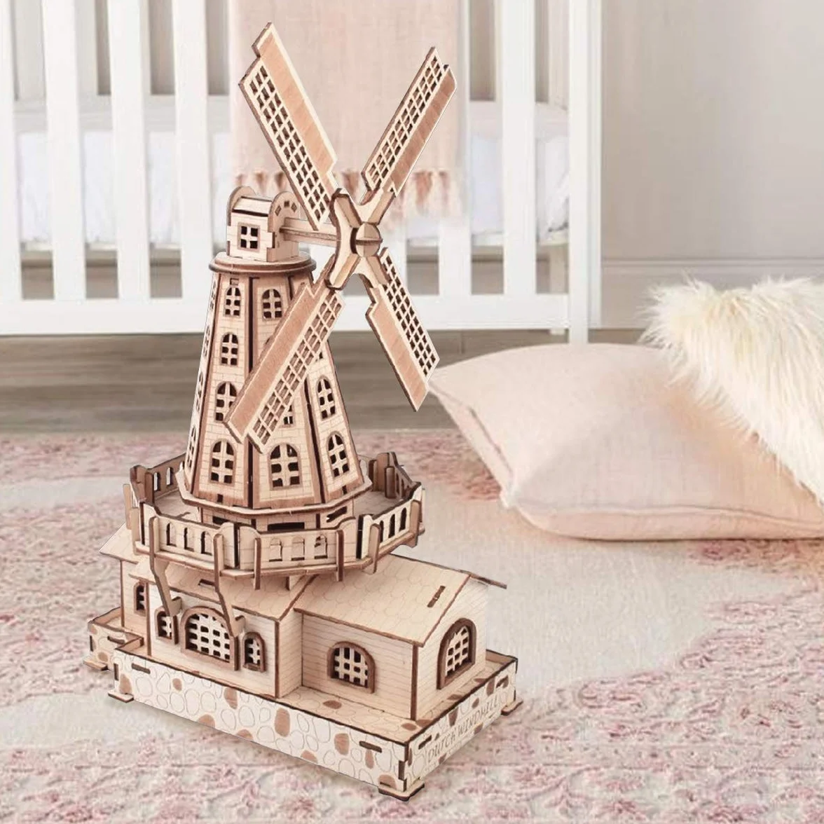 GuDoQi Drewniane puzzle 3D, wiatrak, drewniane puzzle, zestaw do samodzielnego montażu, rękodzieło artystyczne, modelarstwo, drewniany model budynku, prezent dla nastolatków i dorosłych, na urlop i