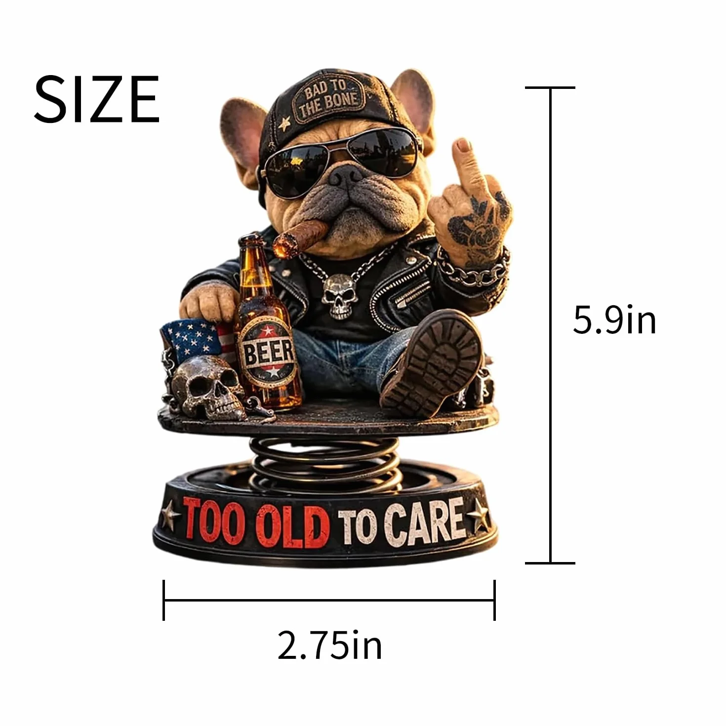 Too Old to CareDashboard Bobblehead, śliczny buldog dekoracja deski rozdzielczej, ciekawa deska rozdzielcza buldog środkowy palec statuetka dekoracja, humorystyczny bob samochodowy