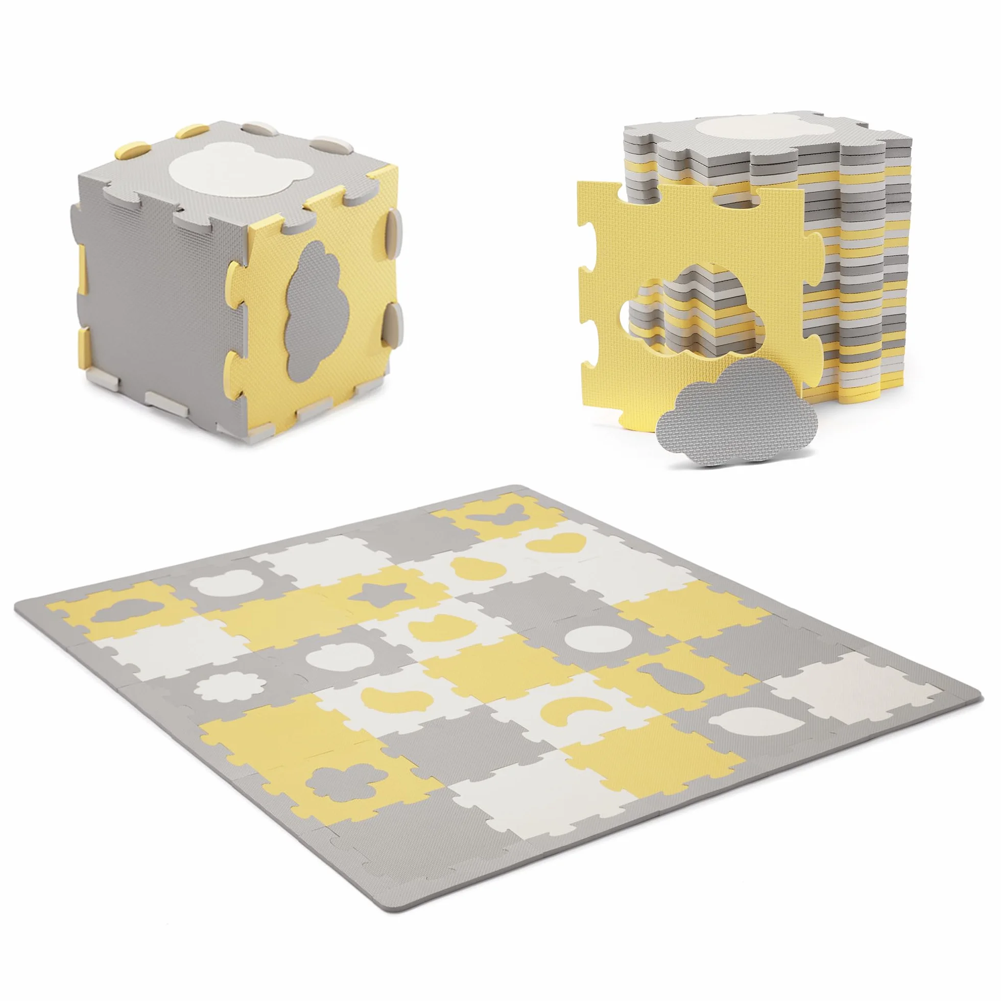 Kinderkraft LUNO SHAPES Mata piankowa, Wielofunkcyjna, Puzzle 30 elementów, Wodoodporna, Izolacja od podłogi, Antypoślizgowa powierzchnia, Łatwe czyszczenie, Torba do transportu w zestawie, Żółty
