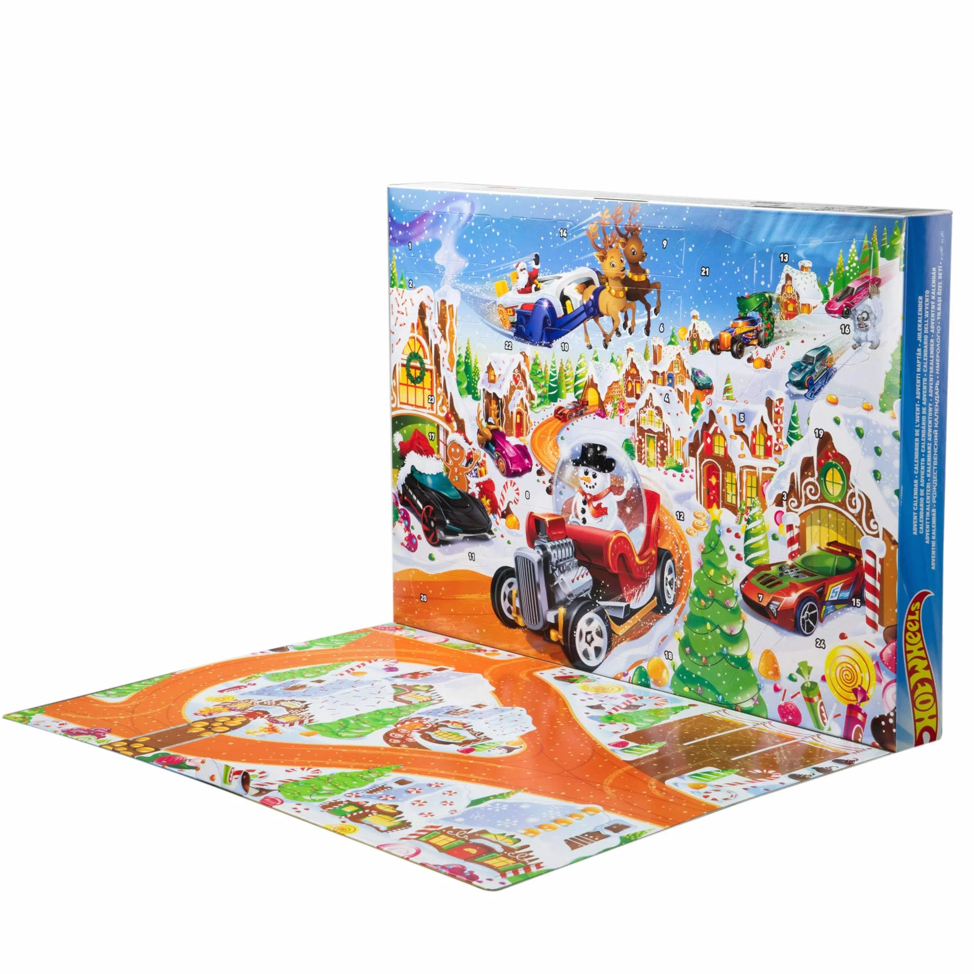 Mattel Hot Wheels Kalendarz adwentowy Zestaw do zabawy, 10 samochodów zabawek w skali 1:64, 10 ozdobnych klipsów i 14 zimowych akcesoriów, JCB47