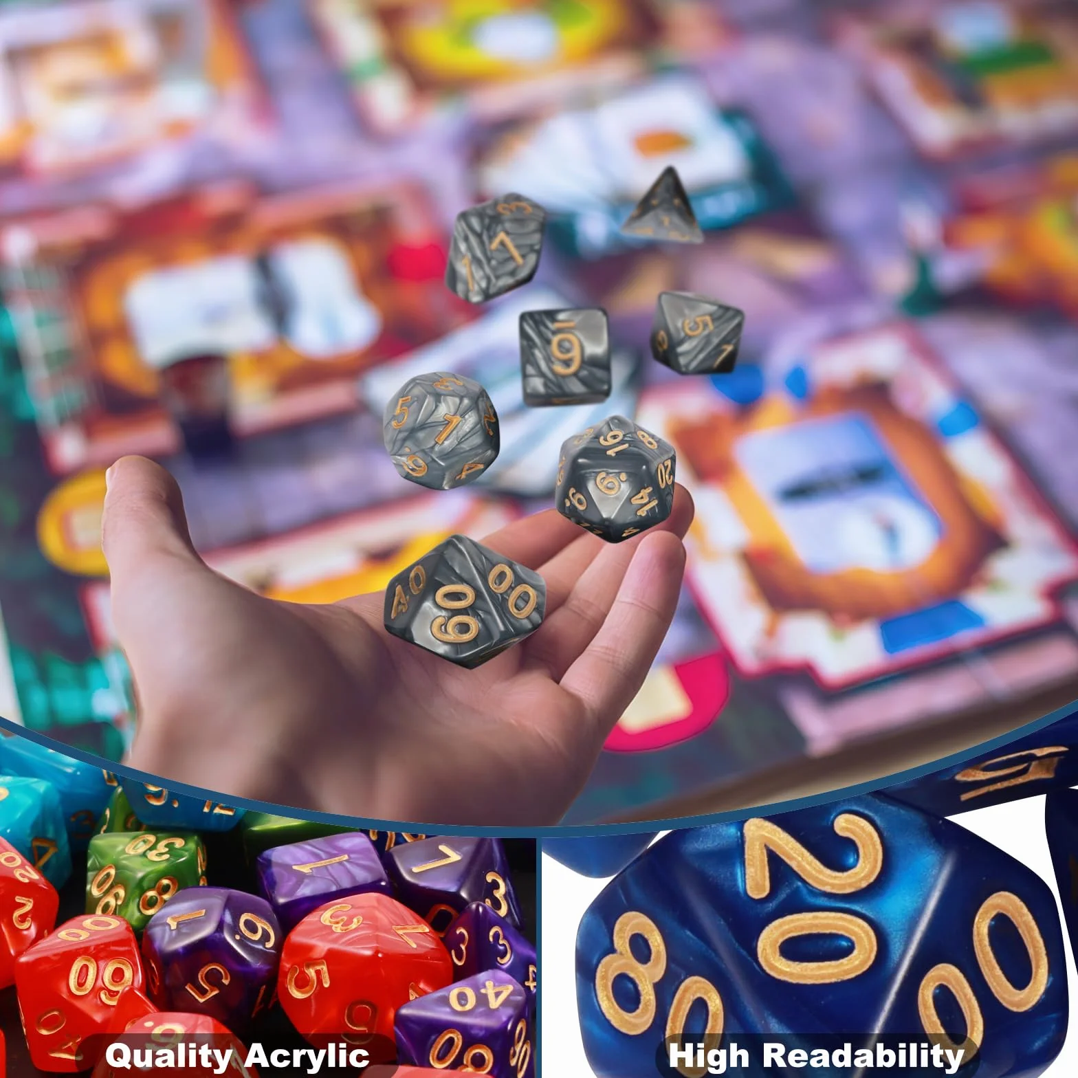 Zestaw kości wielościennych, 6 x 7 (42 sztuki) Kości DND z 6 woreczkami na rzep, do Dungeons and Dragons Pathfinder DND RPG MTG, 6 zestaw kości DND od D4 D6 D8 D10x2 D12 D20