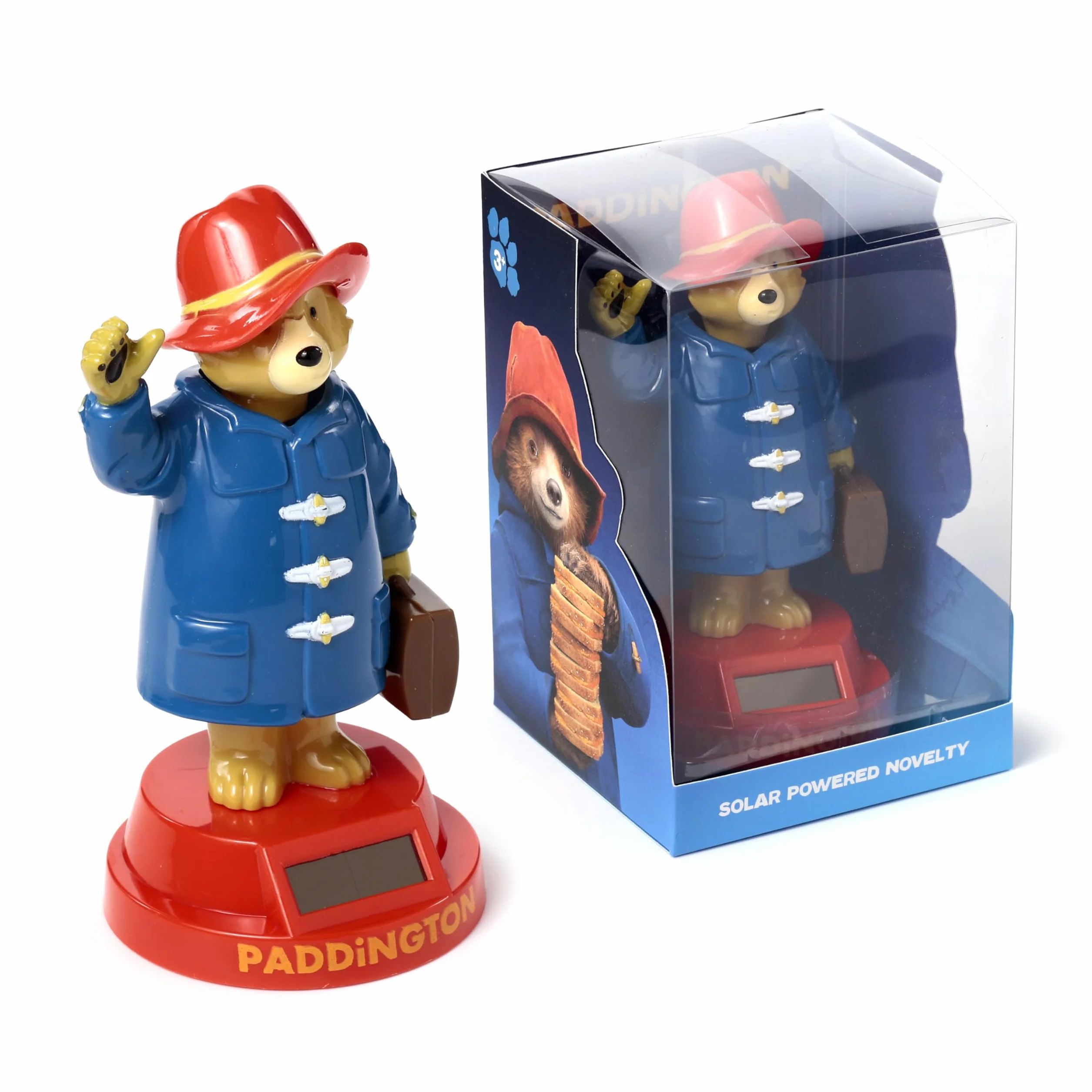 Paddington nied?wied? solarna figurka ko?ysz?ca si?, niebieski p?aszcz, czerwona podstawa