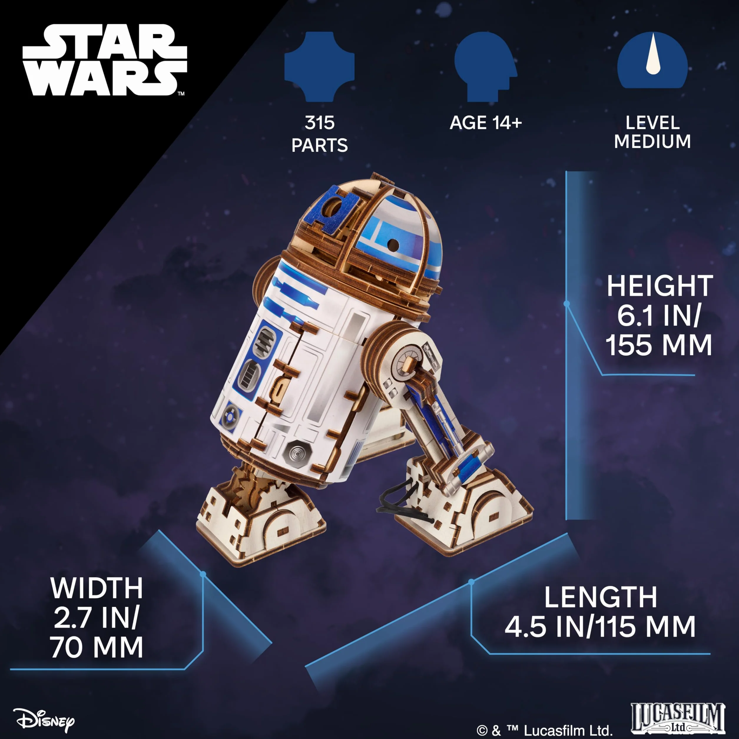 UGEARS Star Wars ™ R2-D2 ™ - puzzles for adults, model do złożenia dla dorosłych, modele mechaniczne, łamigłówka dla dorosłych, 3D puzzle, Puzzle Star Wars prezent, mechaniczne konstrukcje