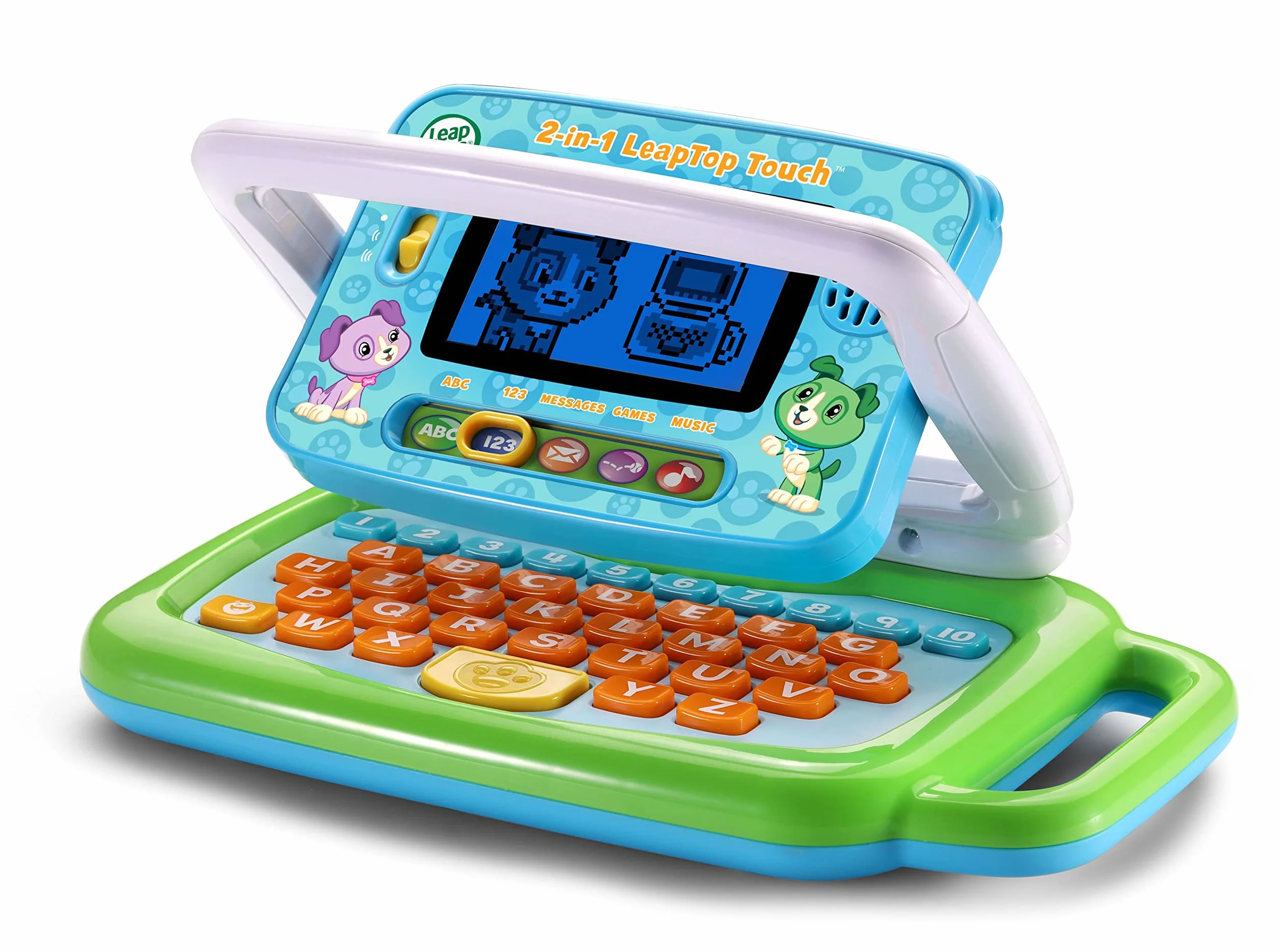 VTech LeapFrog LeapTop Touch Laptop 2 w 1, zielony, tablet edukacyjny dla dzieci z 10 trybami zabawy, z literami, cyframi, słownictwem i zwierzętami, zabawkowy laptop dla dzieci w wieku od 2 lat