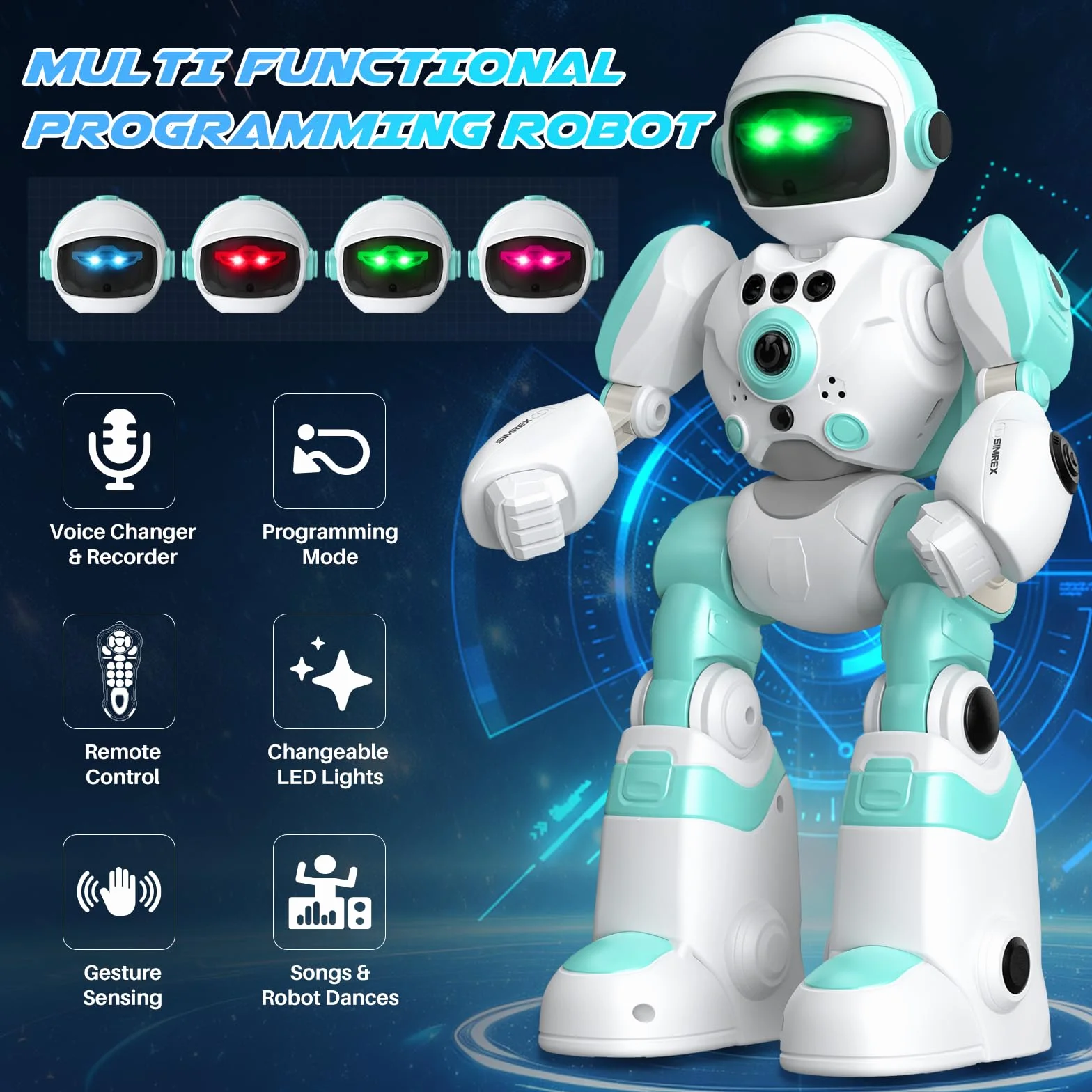 SIMREX Robot dla dzieci, ładowalny i projekcyjny, Robot RC z oczami LED i muzyką, zabawka RC z czujnikiem gestu dla 3 4 5 6 7 8 lat prezent dla chłopców i dziewcząt, jasnoniebieski