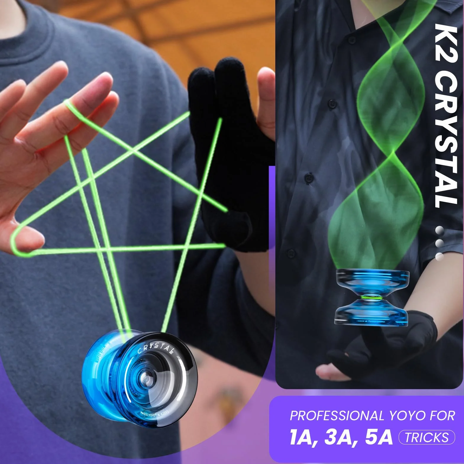 MAGICYOYO Responsywny Yoyo dla dzieci K2 Crystal Black Blue, 2 w 1 - responsywny i nie reaguje Yo Yo, Finger Spin Trick Yoyo z niereagującym łożyskiem, 12 strun, torba jo-jo, narzędzie i akcesoria