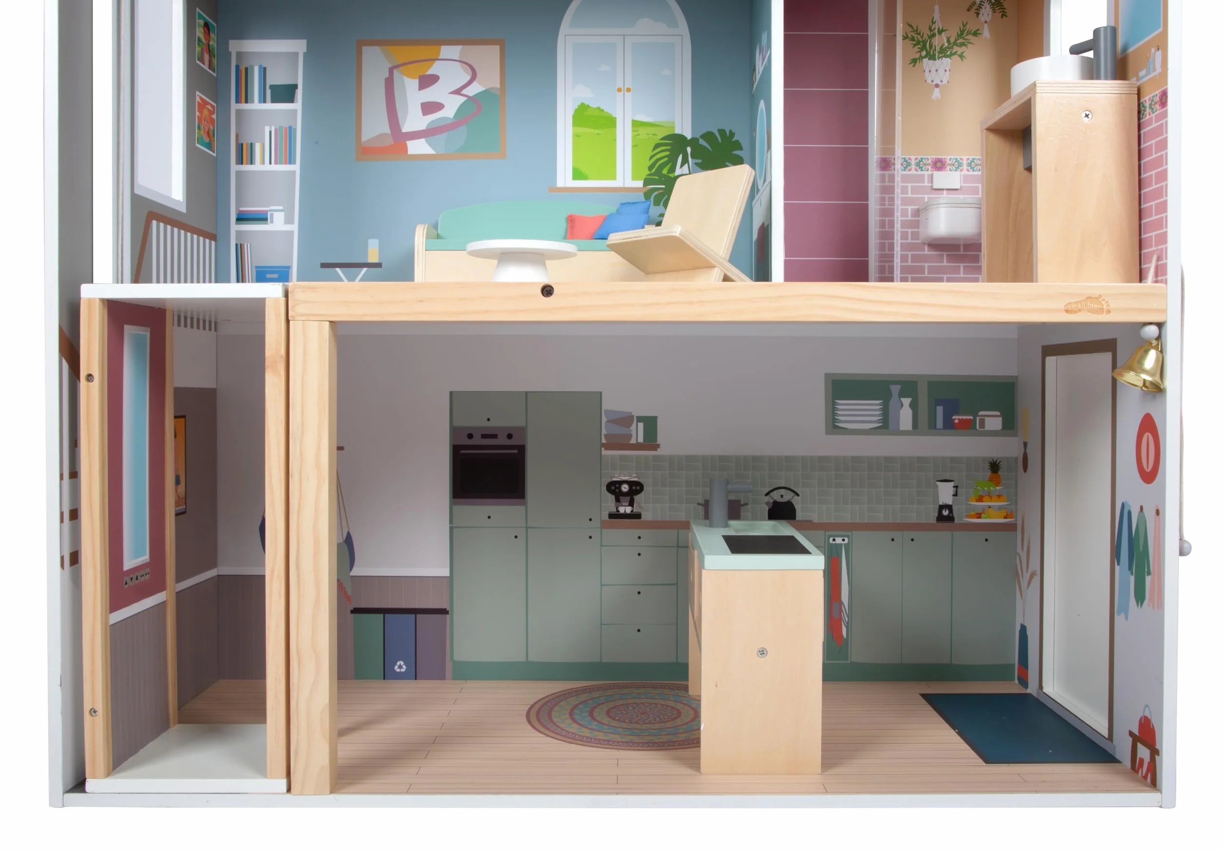 Mały domek dla lalek Villa XL, 3-piętrowy domek dla lalek z windą, dla lalek do 30 cm, skala 1:6, imitacja drewna, 12730