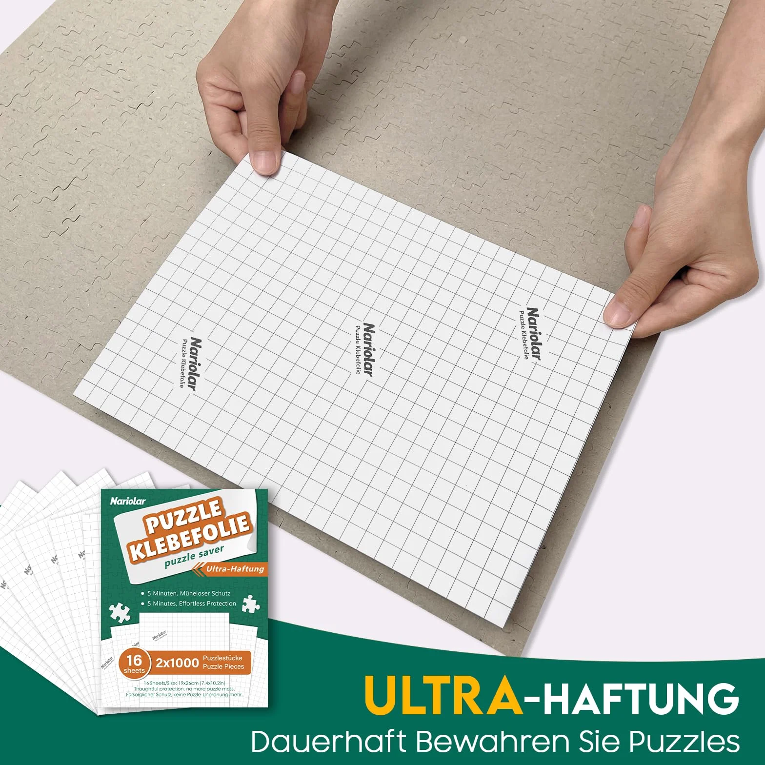 Nariolar Ultra-przyczepna folia samoprzylepna, 16 super kleju do puzzli, do otrzymania 2 x 1000 elementów i ochrony puzzli w ciągu zaledwie kilku minut