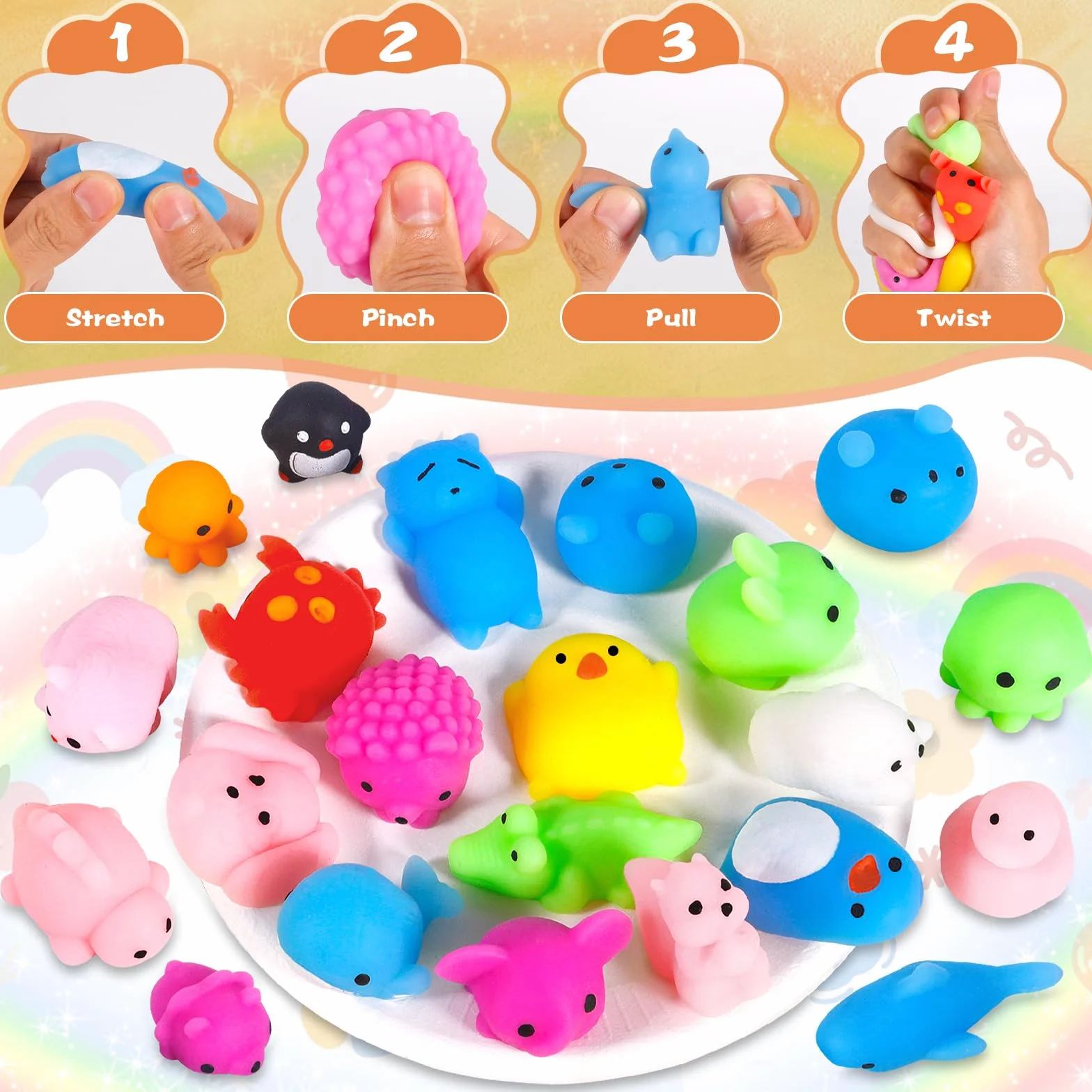 60 Sztuk Mochi Squishy Toy, Wycisnąć Zabawki, Śliczne Zabawki ze Zwierzętami do ściskania, Mini Zabawki do Zgniatania, Zabawki Antystresowe dla Dorosłych, Wypełniacze Wielkanocne
