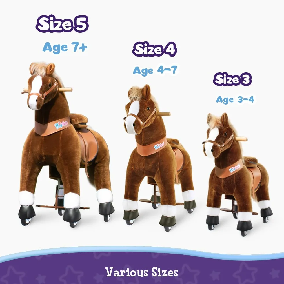 PonyCycle Klasyczny Model U Koń jeździecki na kółkach, pluszowy kucyk jeździecki, zwierzak na biegunach (z hamulcem i dźwiękiem/108 cm wysokości/Rozmiar 5 dla wieku 7+ lat), Brązowy Koń Ux524