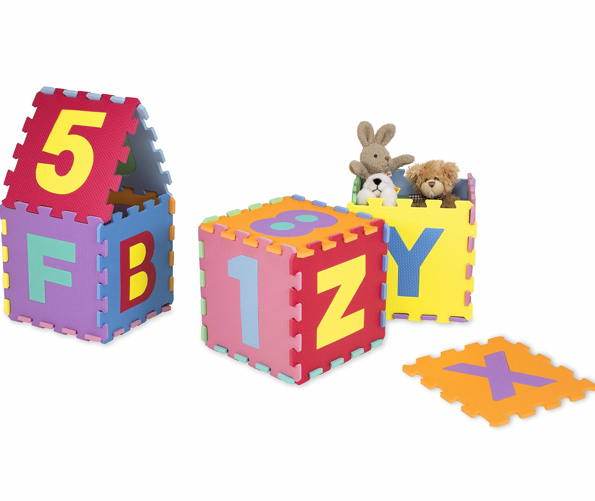 KIDUKU Mata z piankowych puzzli o wymiarach 189 x 189 cm, zestaw 86 szt. puzzli, bezpieczna mata do układania dla niemowląt i małych dzieci, z cyframi i literkami.