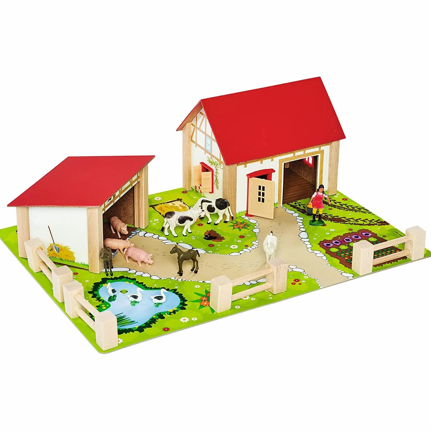 Eichhorn 100004309 Drewniana Farma 21 elementów, zestaw do zabawy gospodarstwo, zagroda i zwierzątka, 36 x 51cm, FSC® 100%, bezpieczna zabawka dla dzieci od 3 lat