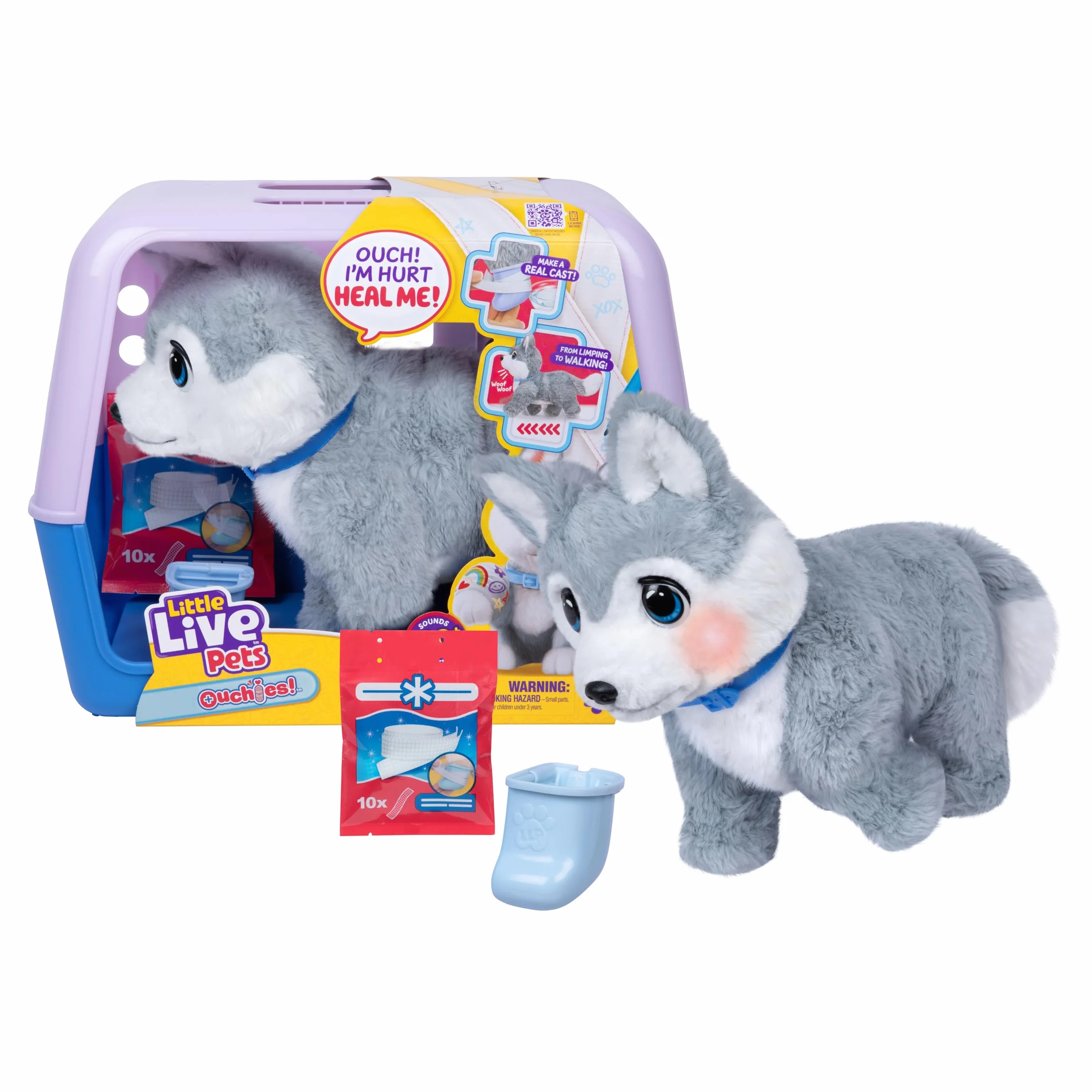 Little Live Pets Ouchies Aspen – ekskluzywny interaktywny szczeniak Husky z 50+ dźwiękami i reakcjami, w zestawie zestaw weterynaryjny i torba do noszenia, od 4 lat