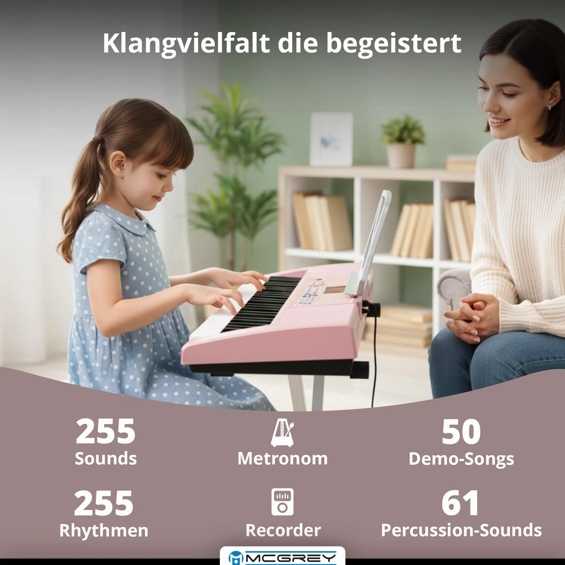 McGrey LK-6120-MIC Keyboard z mikrofonem i zestawem słuchawek dla dzieci – klawiatura dla początkujących z 61 przyciskami świecącymi – 255 dźwięków i 255 rytmów – 50 utworów demo – mikrofon i
