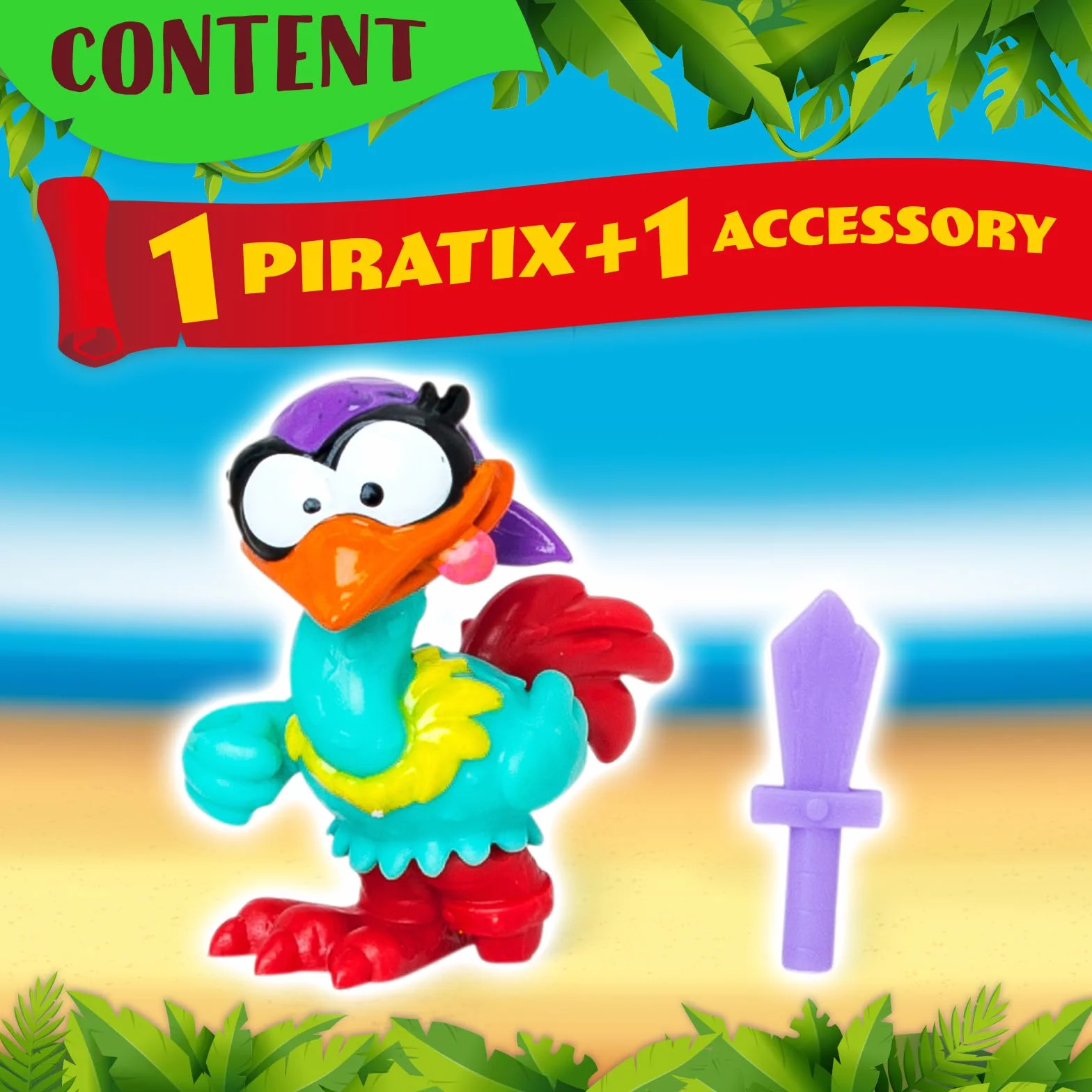 PIRATIX ADVENTURE WORLD Seria Crazy Jungle - pudełko zawierające 24 torebki z figurkami Piratixów z serii Crazy Jungle Każda torebka zawiera 1 figurkę Piratix i 1 akcesorium z efektem neonu.