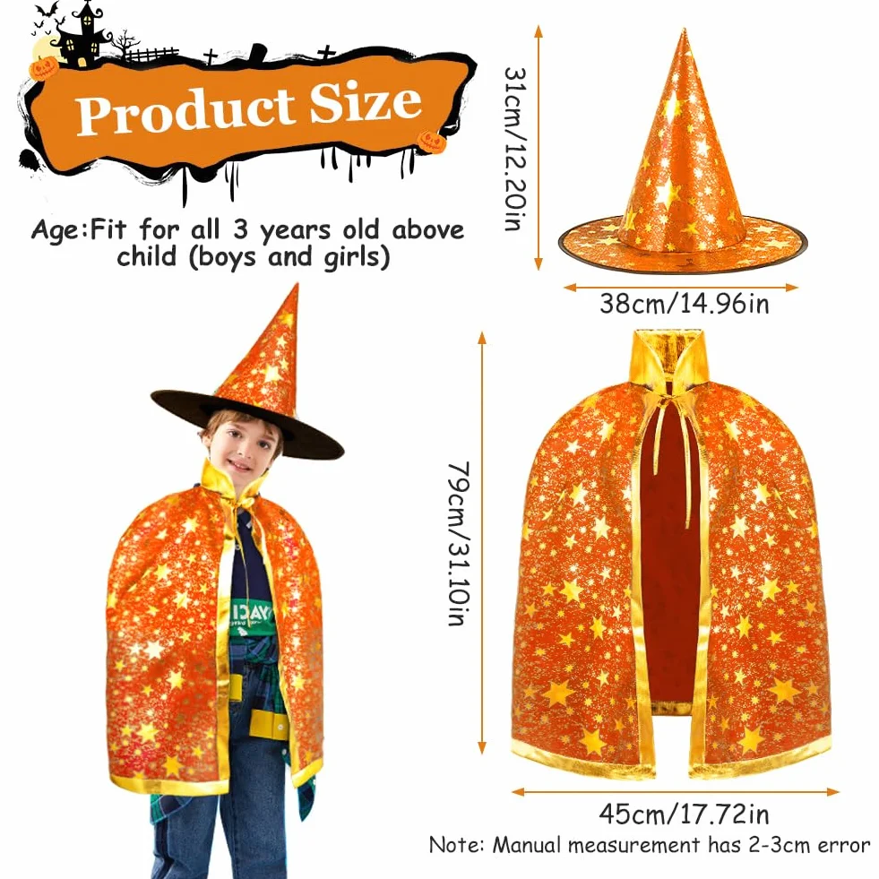 Peleryna czarodzieja, płaszcz czarownicy, dla dzieci, kostium czarownicy, płaszcz i kapelusze dla dzieci, kostium na Halloween, rekwizyty, kostium ze złotymi gwiazdami, dla dzieci, dziewcząt, na