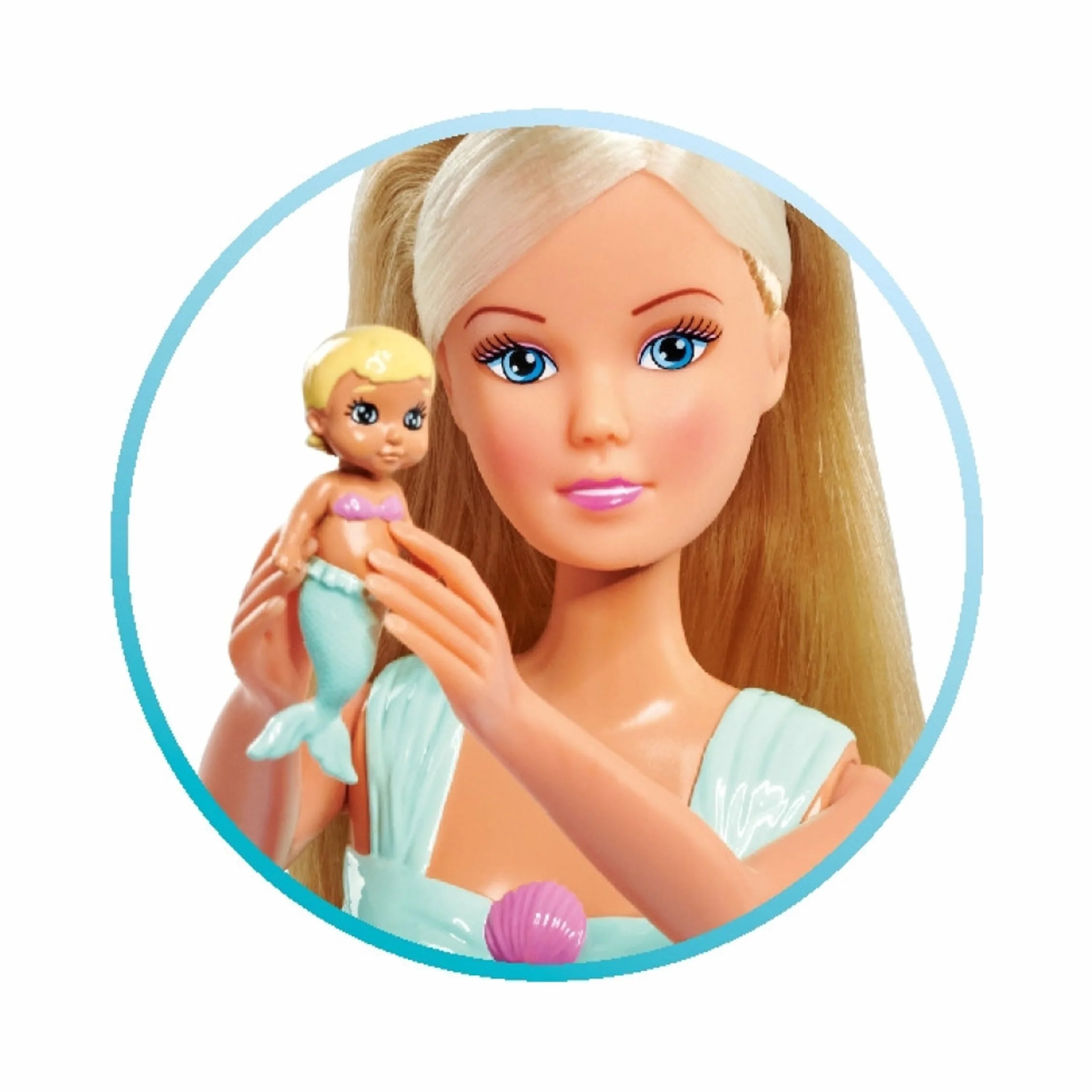 Simba 105733524 - Steffi Love Mermaid Family, lalka jako ciężarna syrenka z Kevinem jako syrenka, z łóżeczkiem dziecięcym, 29 cm, lalki do zabawy, dla dzieci od 3 lat