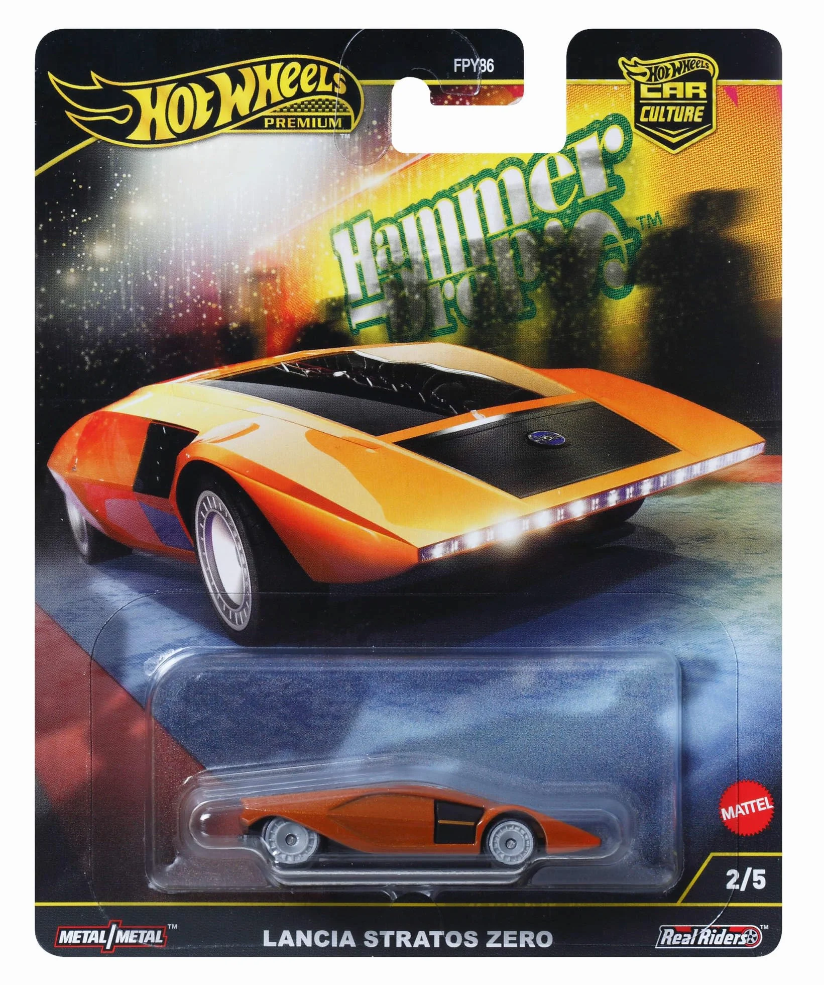 Hot Wheels Premium Kultowe auta Lancia Stratos Zero Metalowy samochód zabawka w skali 1:64 do kolekcjonowania, z oponami Real Riders, HRV77