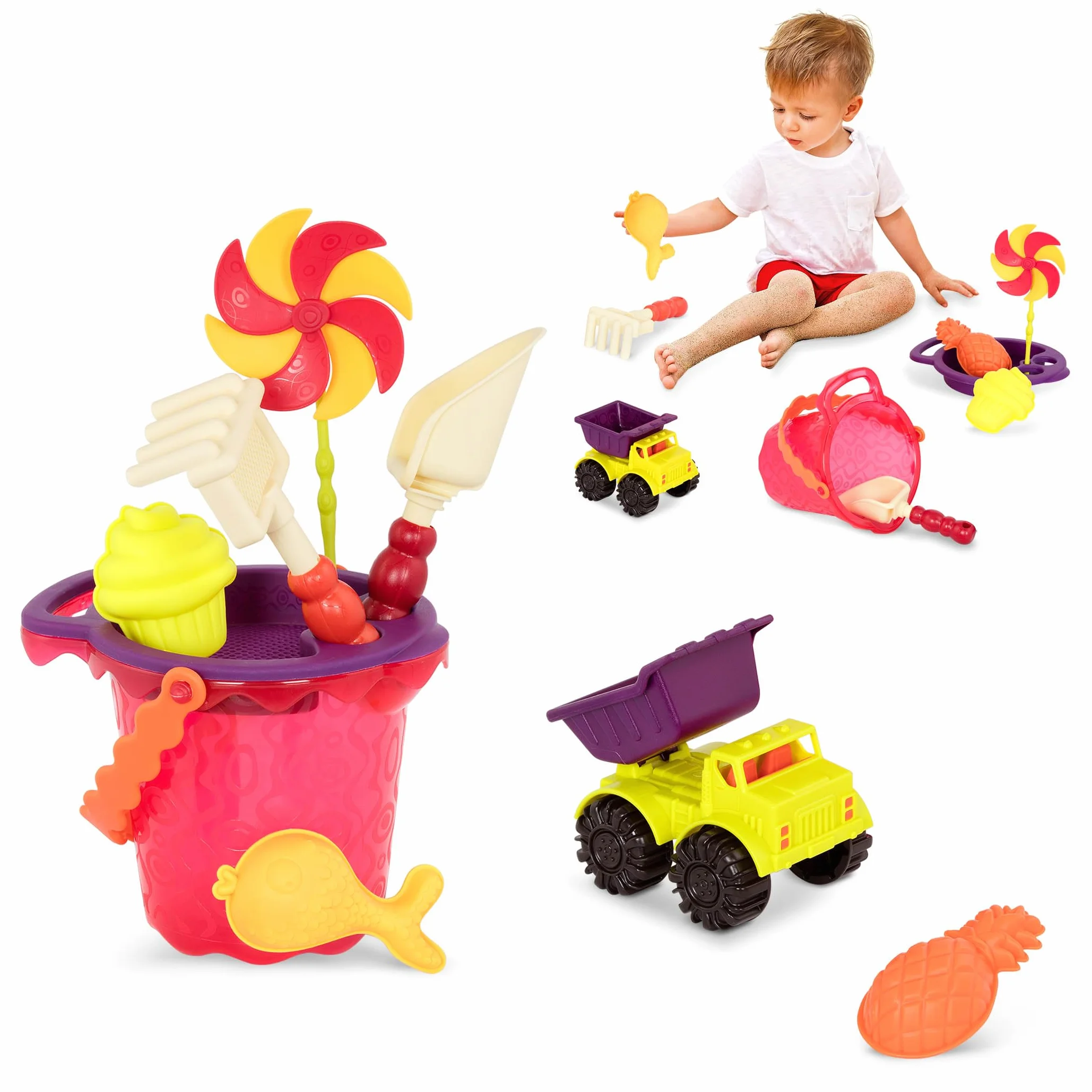 B. toys – Sands Ahoy – zestaw do zabawy plażowej – średni zestaw wiader (mango) z 9 unikalnymi zabawkami piaskowo-wodnymi – ftalanów i BPA – 18 m+