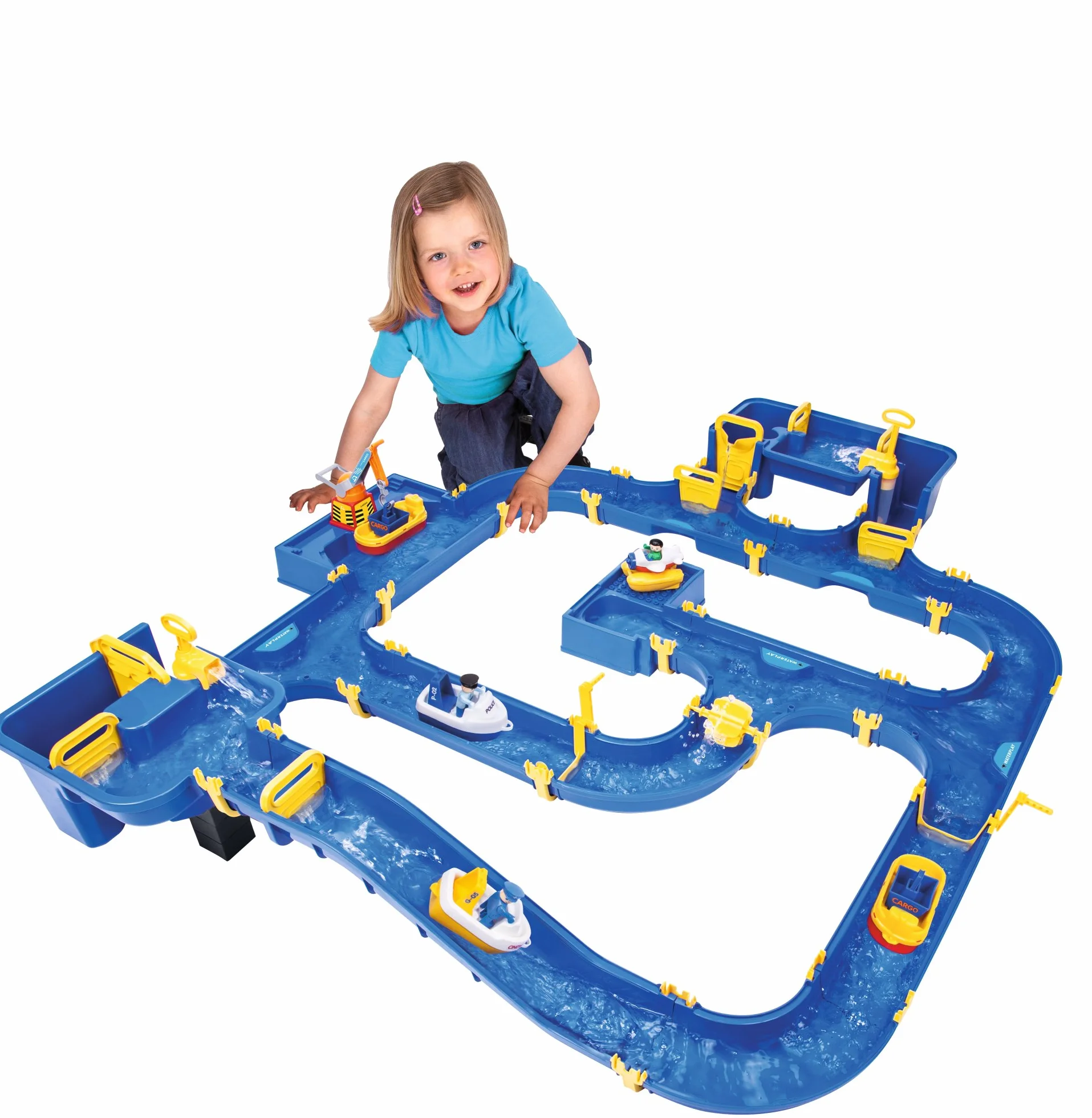 BIG – Waterplay Amsterdam – kolejka wodna niebieska, 175 x 143 x 27 cm, z 4 łodziami, samolotami wodnymi i 3 figurkami, 2 śluby, pompa wodna i basen portowy, od 3 lat