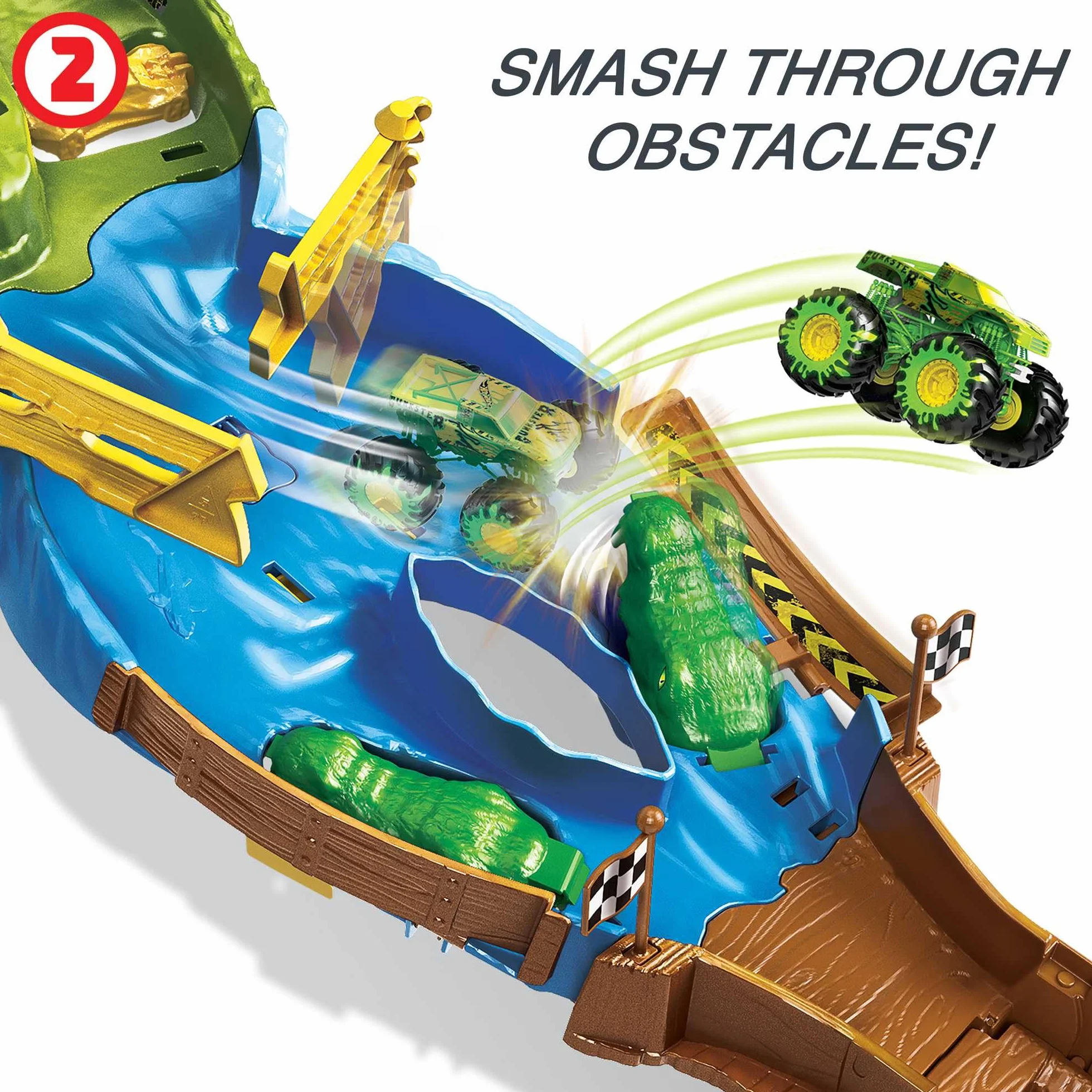 Hot Wheels Monster Trucks Tor wyścigowy Turniej Tytanów Zestaw z pojazdami Bigfoot i Gunkster do rywalizacji, zabawka dla dzieci od 4 roku życia, HJG32