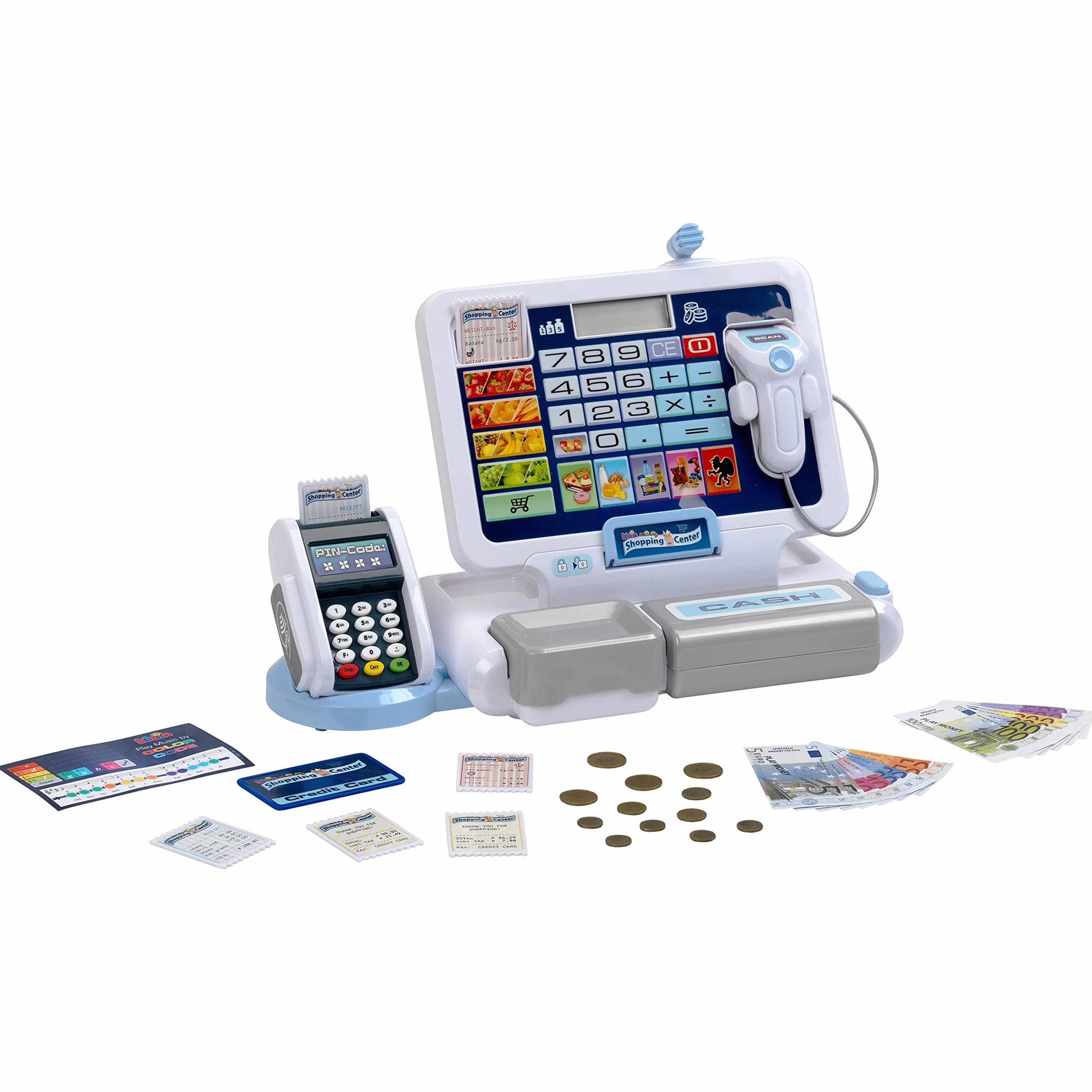 Theo Klein 9387 Kasa z tabletem | Zabawkowa kasa z dźwiękiem i wyjmowanym tabletem, terminalem POS, skanerem i zabawkowymi pieniędzmi | Wymiary: 33 cm x 14,5 cm x 22 cm