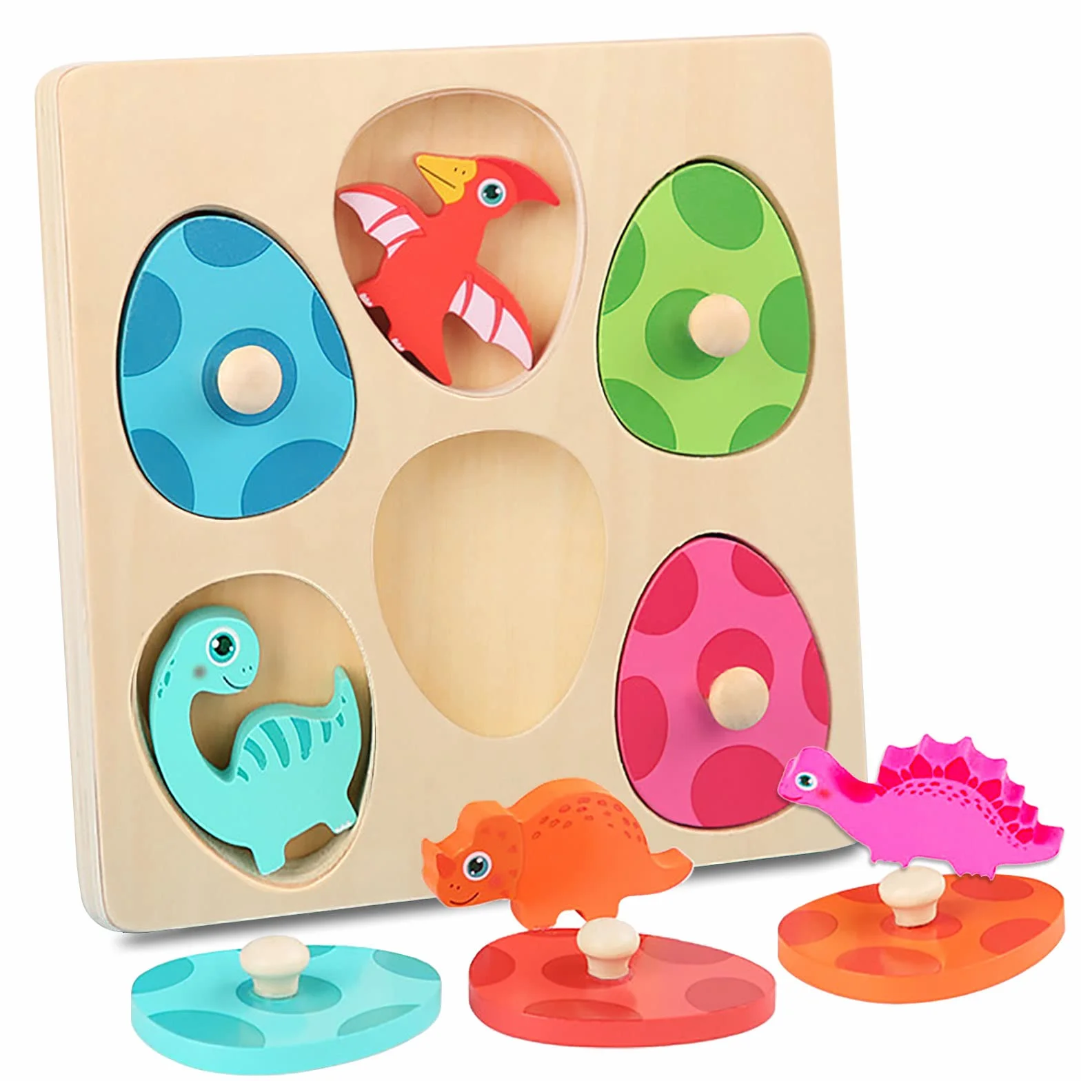 Dinozaury drewniane zabawki puzzle z guzikami, Goorder Montessori zabawka dla dzieci 1 2 i 3 lata, interaktywna gra edukacyjna puzzle, gry dla dzieci nauka dla chłopca, dziewczyny, urodziny, Boże