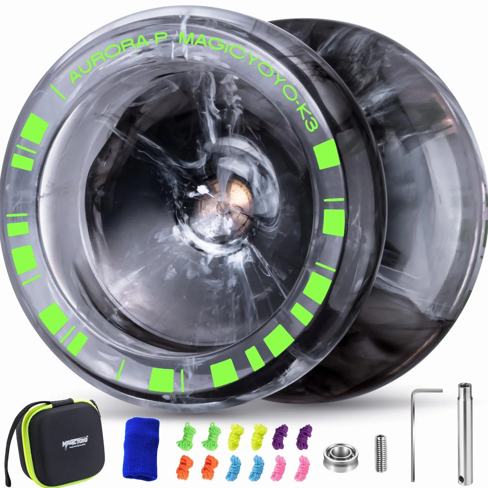 MAGICYOYO Yoyo K3 Aurora-p, dwufunkcyjne Yo Yo dla responsywnych i niereagujących, sztuczka z obracaniem palcem jo-jo dla dzieci i początkujących, plastikowe yoyo z 12 strunami i zestawem akcesoriów