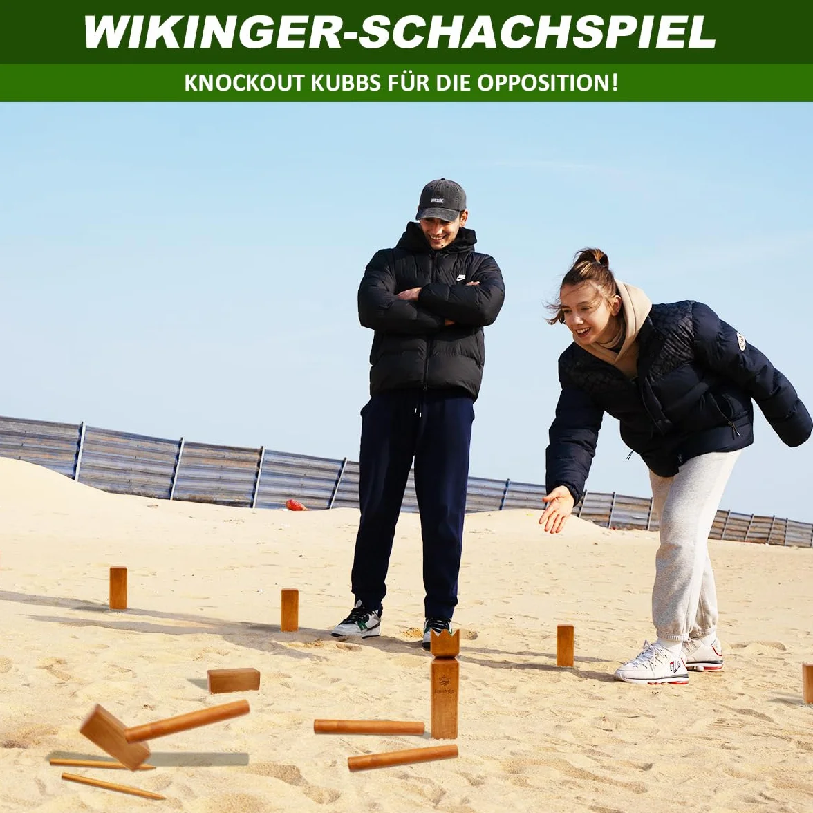 SunNordic Kubb rzucania Wikingów, szwedzka szachowa z wysokiej jakości drewna gumowego, w zestawie torba z płótna żaglowego i instrukcja gry – wytrzymała gra na podwórku dla dzieci i dorosłych