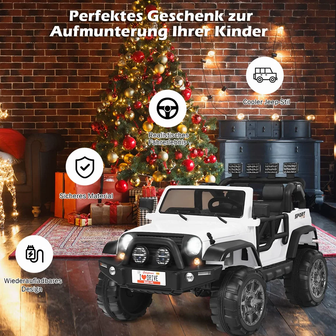COSTWAY Samochód elektryczny dla dzieci, 2-osobowy z pilotem zdalnego sterowania 2,4 G, 3 biegi 12 V, samochód dziecięcy z MP3, muzyka, klakson i reflektor, Auto 2,5-4 km/h, dla dzieci od 3 lat