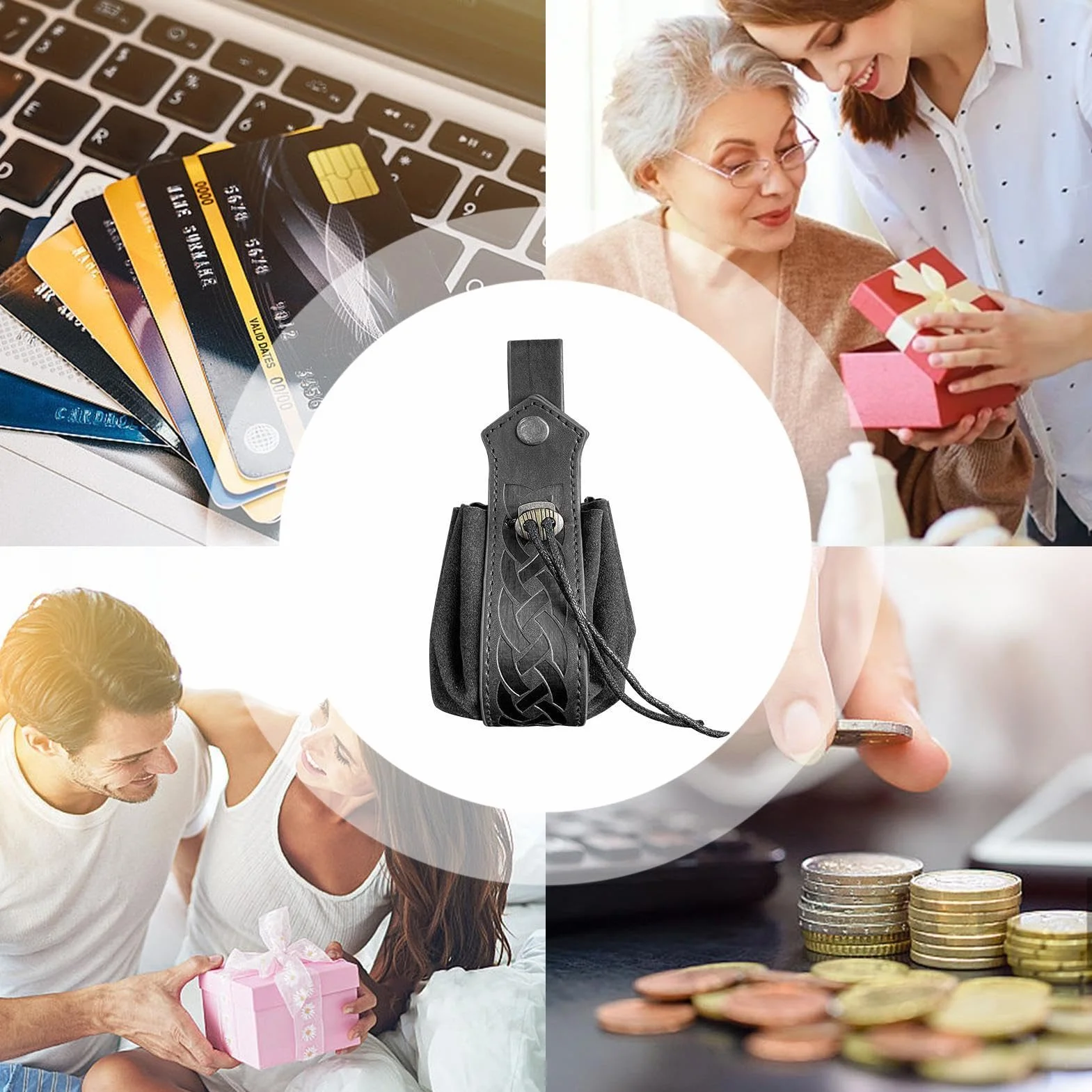 Générique Skórzany na monety | Mała skórzana torebka na monety PU - woreczki ze sznurkiem PU dla mężczyzn kobiet, retro cosplay pas etui na kości 1,57 x 6,3 , czarny, Se référer au
