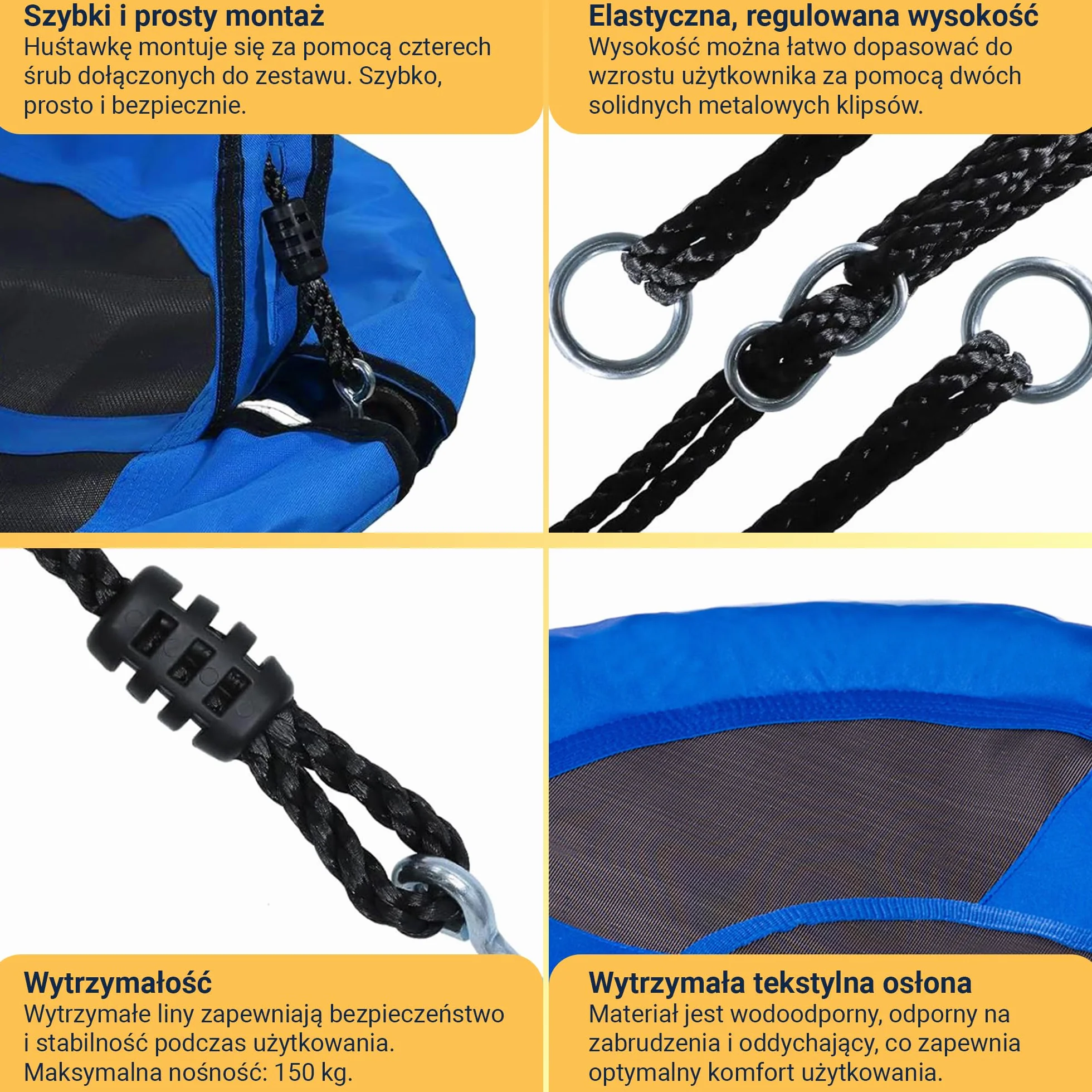 Extralink Huśtawka ogrodowa z gniazdem – średnica 100 cm, pojemność do 150 kg, z wyściełaną krawędzią i wytrzymałymi linami, idealna do wnętrz i na zewnątrz, do ogrodu i pokoju dziecięcego, niebieska
