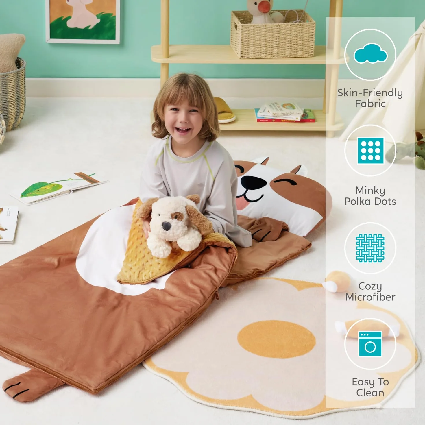 JOIEDOMI Brązowy pies 60" x 27" śpiwór z poduszką, zamek błyskawiczny z poduszką i kocem – dzieci od 3 lat – śpiwór dziecięcy – dla chłopców i dziewczynek w przedszkolu