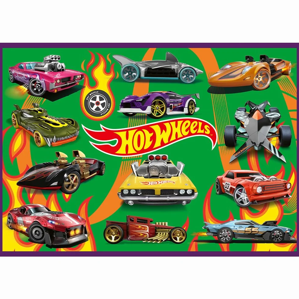 Trefl - Puzzle 4w1: Hot Wheels, Wyścigowe Auta - 4 x 250 Elementów - Zestaw Czterech Układanek dla Nastolatków
