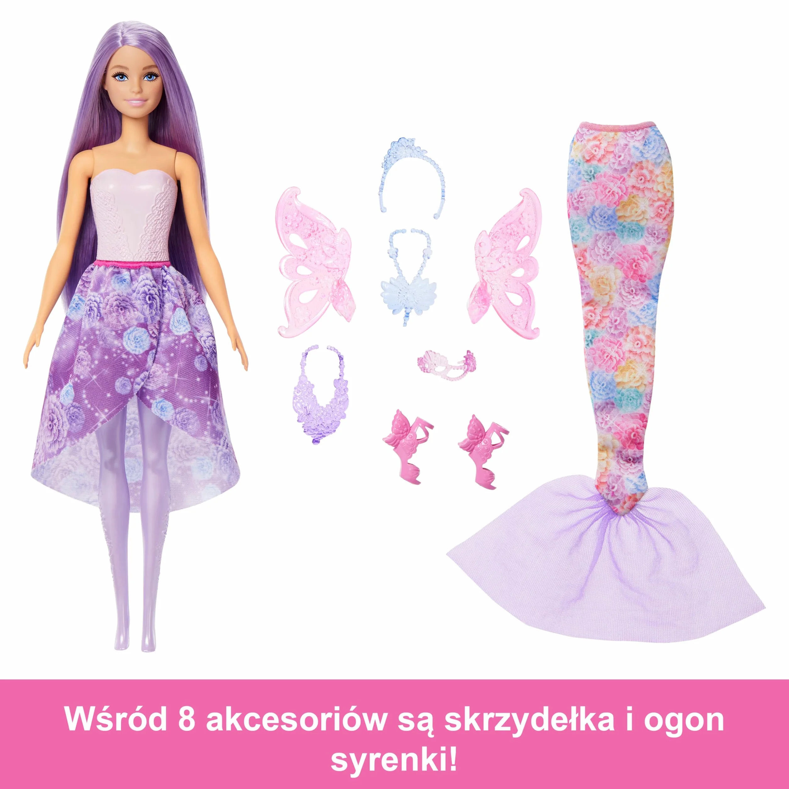 Barbie Baśniowe przebieranki Lalka, ubranka i akcesoria Zestaw z lalką i 8 akcesoriami, w tym ogonem syrenki, skrzydełkami wróżki, naszyjnikami i bucikami do stworzenia ponad 10 stylizacji, JCP74