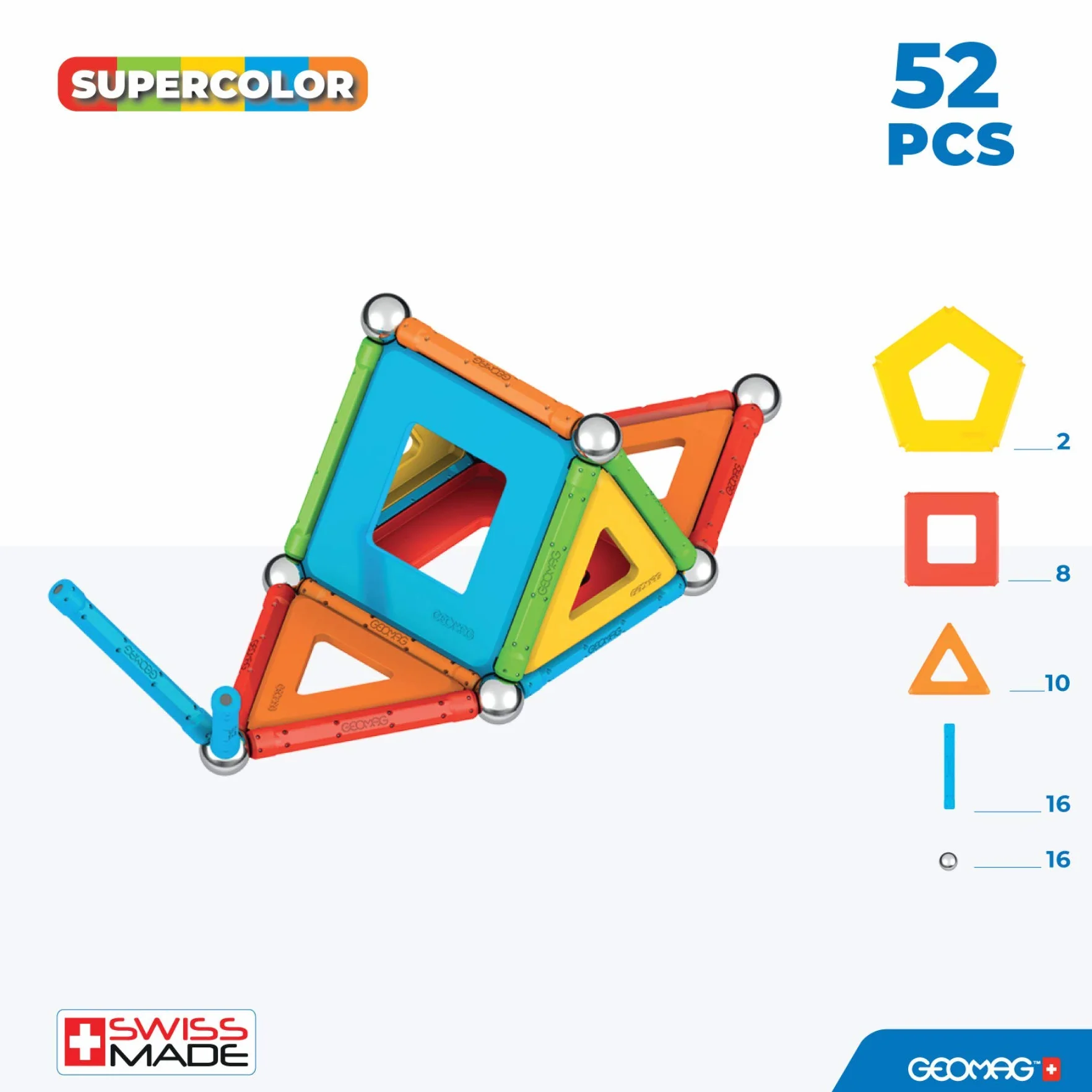 Geomag - Supercolor - Superkolorowe Magnetyczne Klocki dla Dzieci, Zabawka Magnetyczna, Gra Edukacyjna, Green Collection, 100% Plastiku z Recyklingu, 52 sztuk